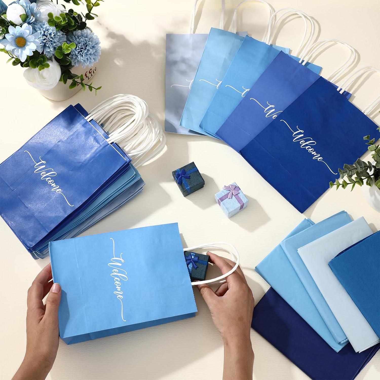 Kolldenn 50 Set Gradient Blue Welcome Gift Bag Bulk 8.27 x 5.91 x 3.15 Inch Wedding Party Gift Bags with Tissues Paper 5 Colors Welcome Handbag for Baby Shower Bridal Party Hotel Guests - Image 5