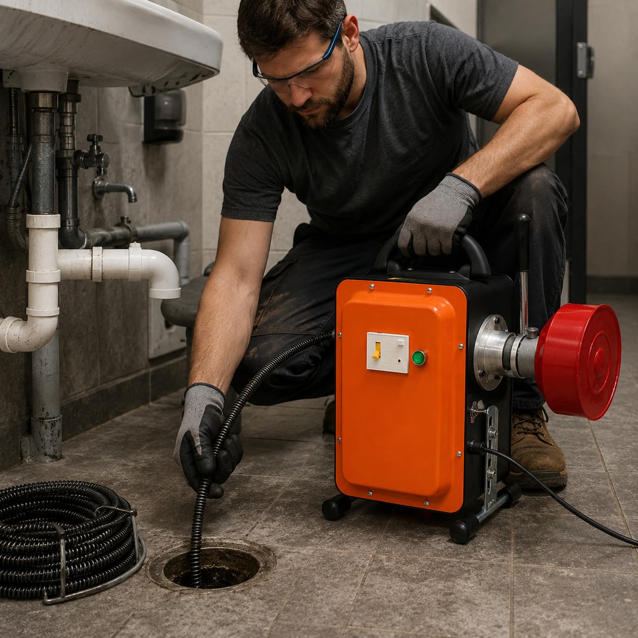 Desatascador eléctrico de tubería 750W, hurón Desatascador profesional de 20 m, máquina de limpieza de mangueras 400 RPM con muelles y guantes para fregadero de inodoro alcantarillado cocina baño