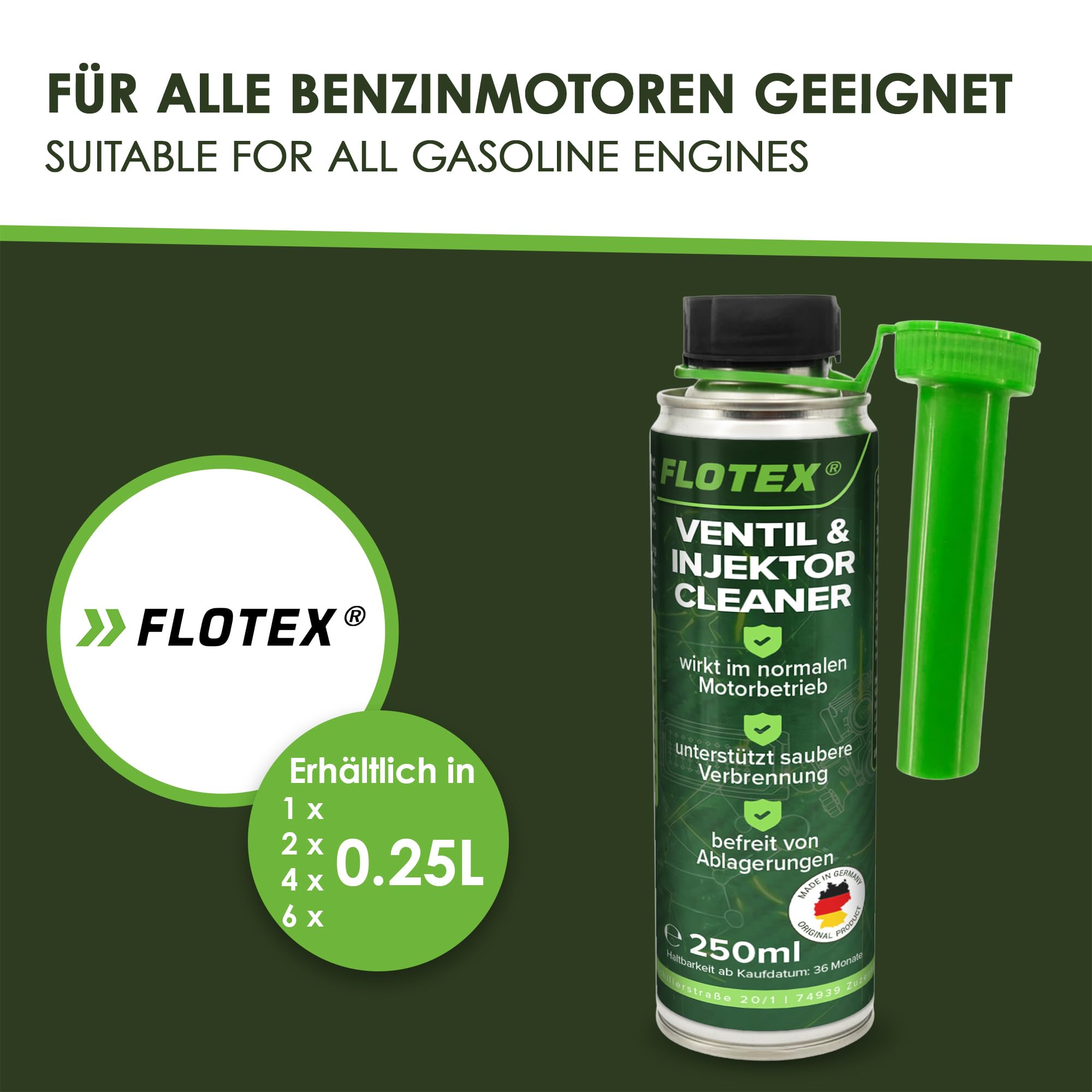 Ventil & Injektor Cleaner Benzin 6x250ml | Benzinadditiv für gleichmäßigen Motorbetrieb | Einspritzdüsen Reiniger entfernt Ablagerungen & fungiert als Kraftstoffstabilisator