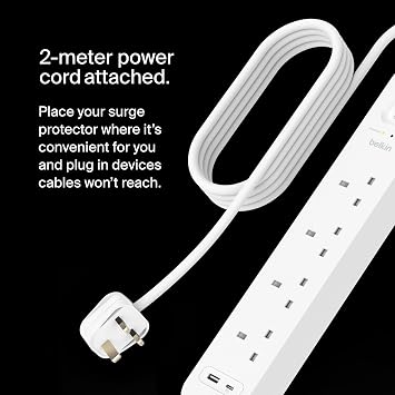 Belkin 4-Outlet Surge Protector Power Strip with USB-C and A Ports, 2m Cord