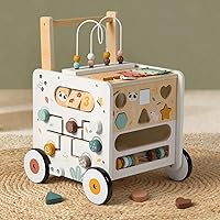PTINFLUCE Wooden Baby Walker with Activity Cube & Adjustable Speed - Montessori Push Toy for Toddlers Boys Girls Learning to Walk