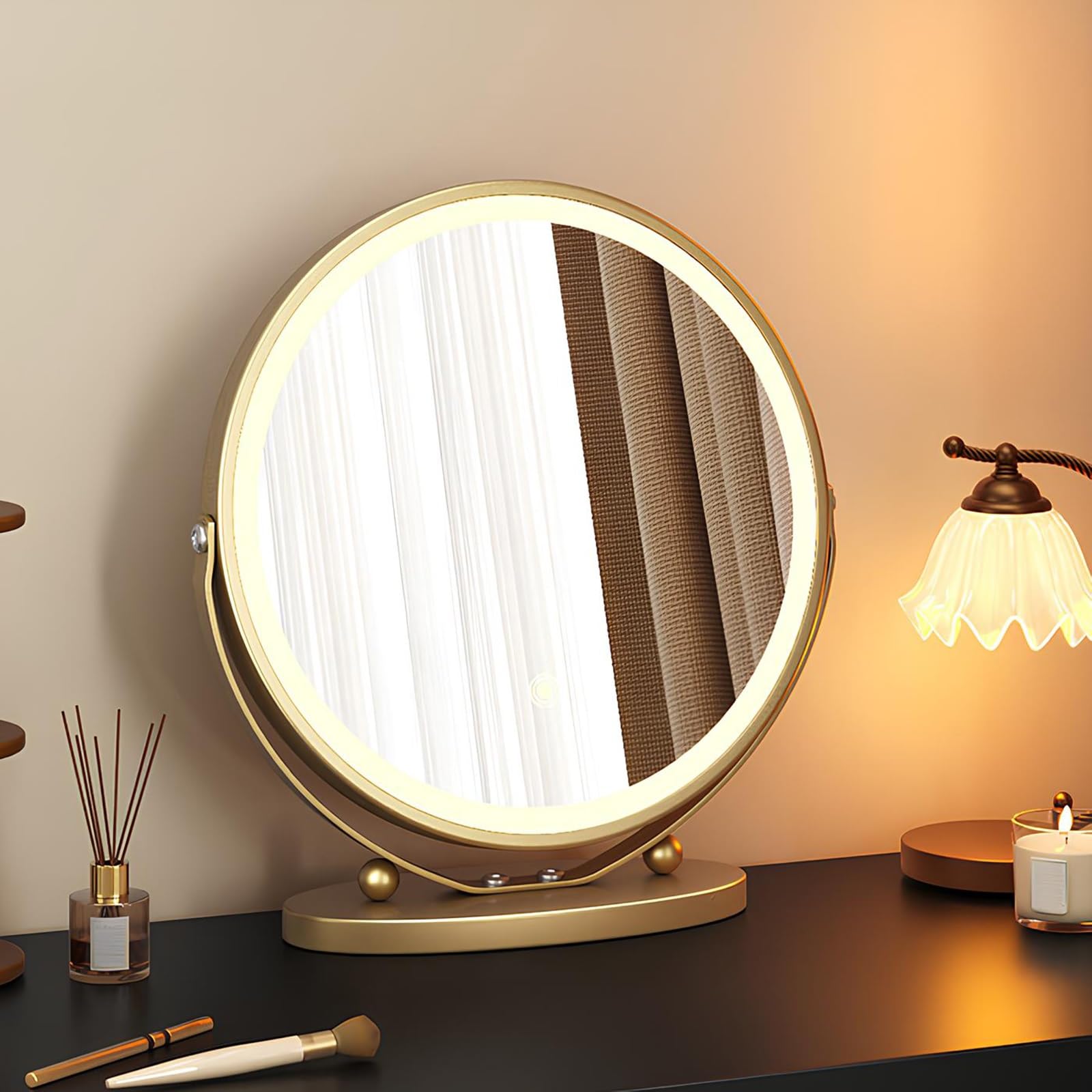 VQWQV Round Vanity Mirror With Lights, Large 360° Swivel LED Tabletop Mirror, Touch Control & 3 Dimmable Color, For Desk, Bedroom, Dressing Room(Gold,30cm/11.8in)