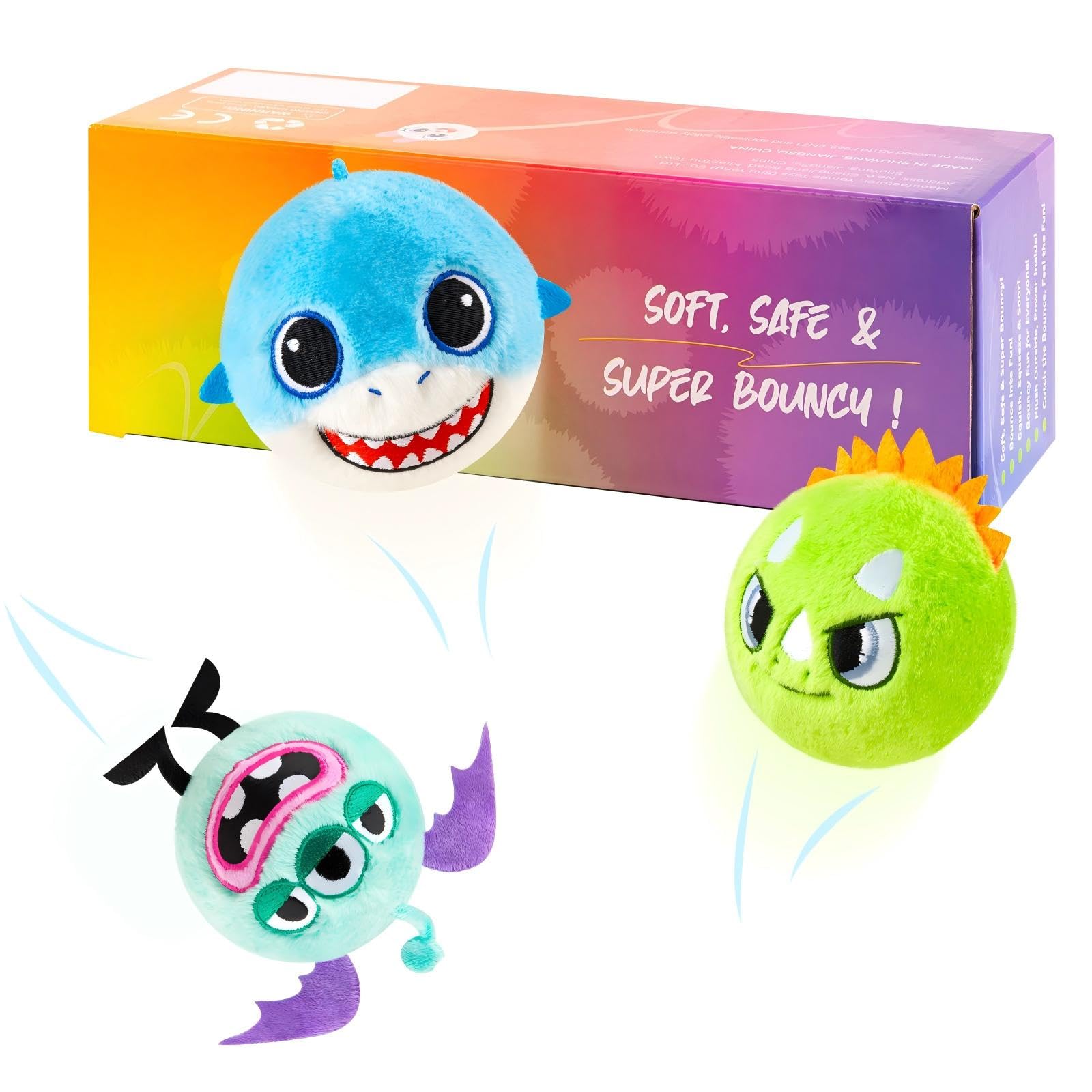 U&C Planet 3 Set Bouncy Balls Super Soft Plush Animal Toys for Kids, High Bouncing up to 10FT, Gift for Toddlers Boys Girls Ages 3+