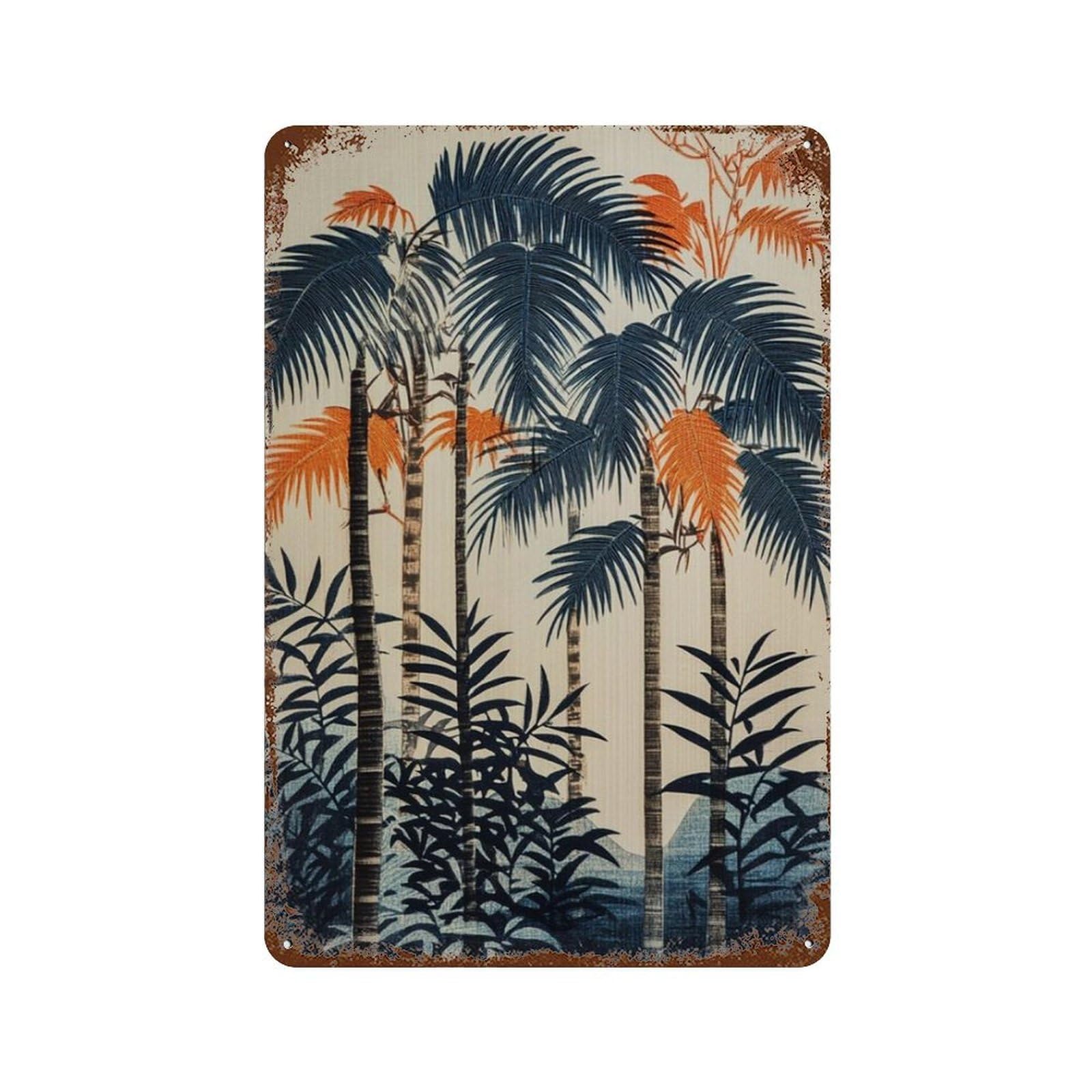 xiaoxiaoshen Japanese Palm Tree Tropical Botanical Oriental Woodblock Style Wall Decor Art Metal Tin Poster Modern Home Decor Art Home Bar Shop Decorations Vintage Sign 30x20cm