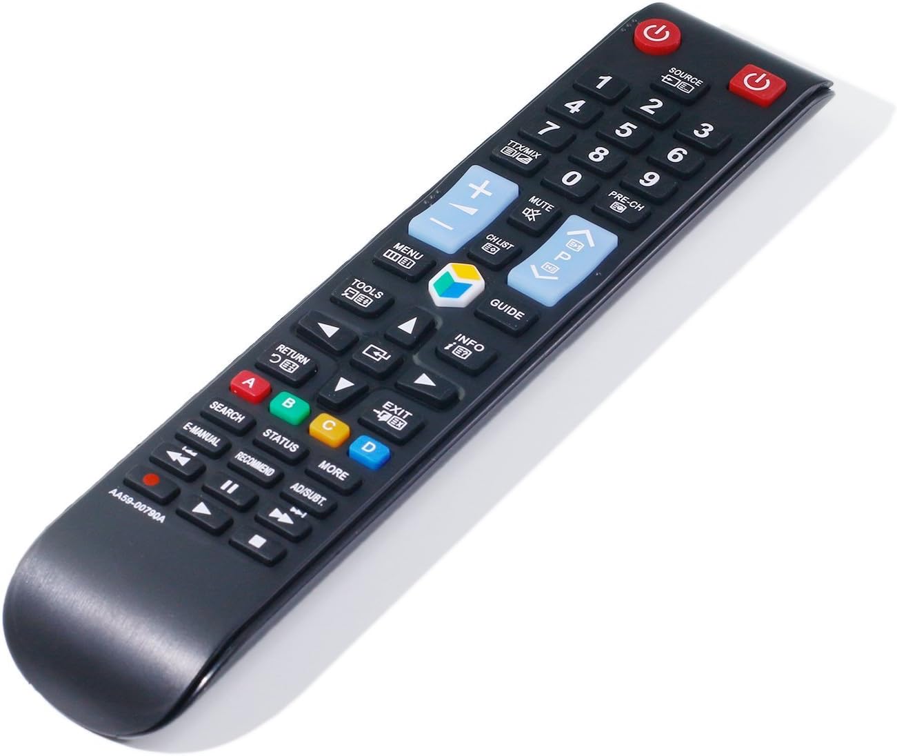 En angle view of the Smartby AA59-00790A remote control, showing its ergonomic design.