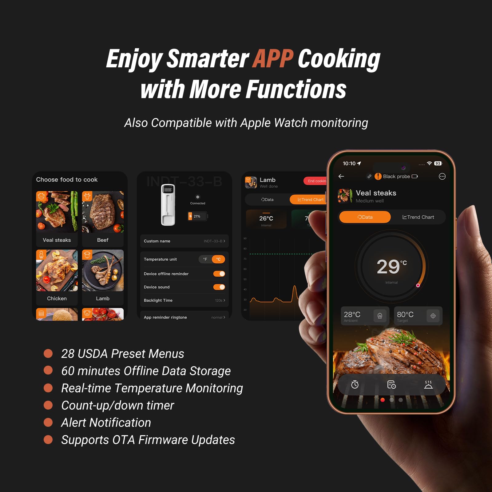 INKBIRD INDT-33-B - Termometro per carne senza fili, Bluetooth, IPX67, impermeabile, per forno, barbecue, affumicatore, cucina, arrosto