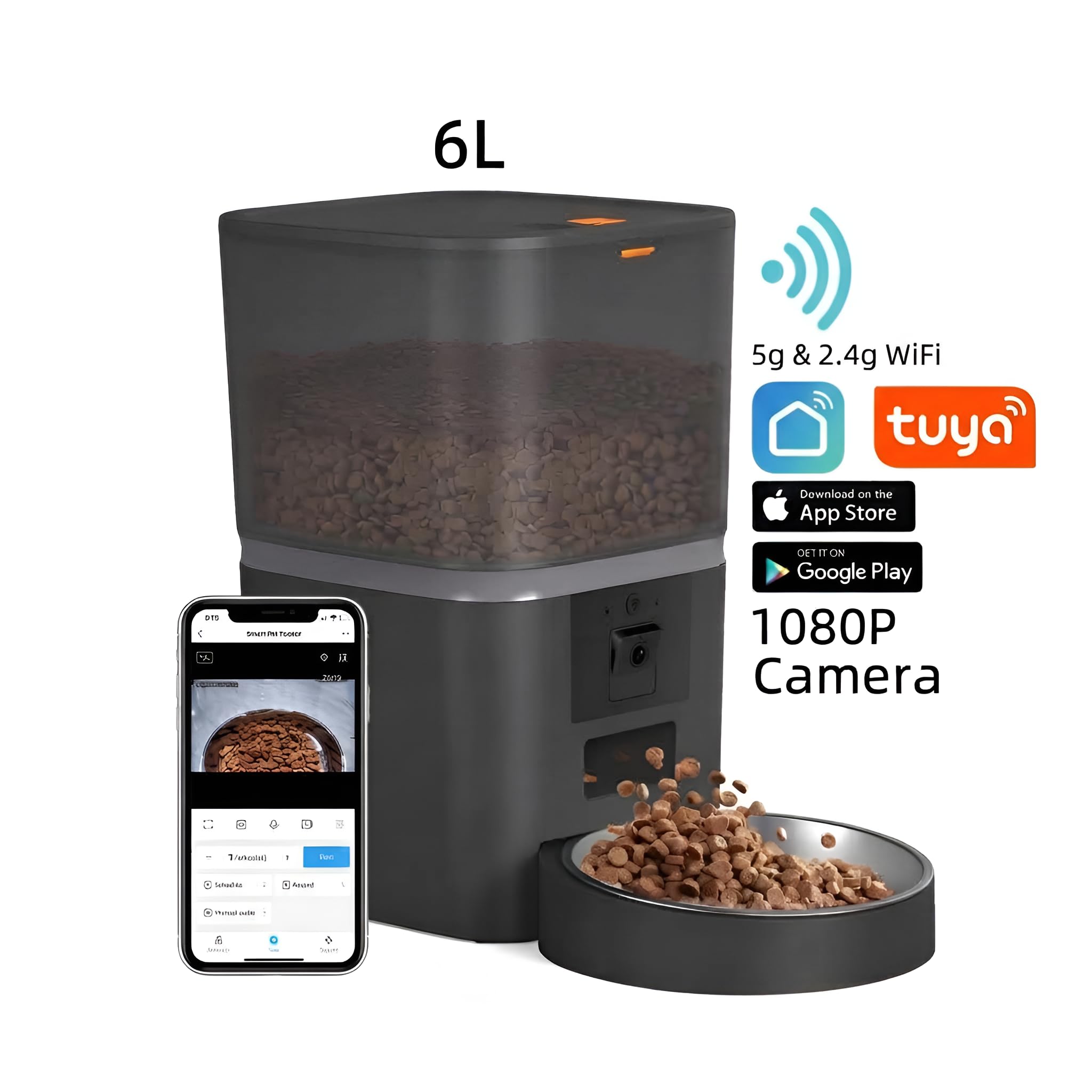 Distributore Smart Cibo Gatti e Cani con Telecamera HD, Dispenser 6L WiFi 5G e 2.4G, Audio Bidirezionale e Visione Notturna, Timer, Ciotola Inox, App Tuya SmartLife