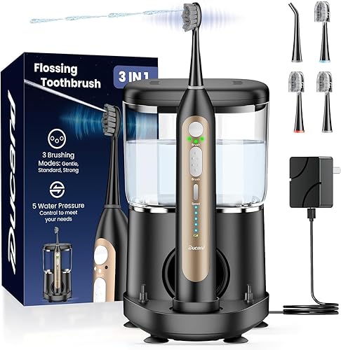 Cepillo de dientes eléctrico con hilo dental de agua, combo de cepillo de dientes mejorado con 3 cepillos + 1 boquilla, 5 velocidades de hilo dental