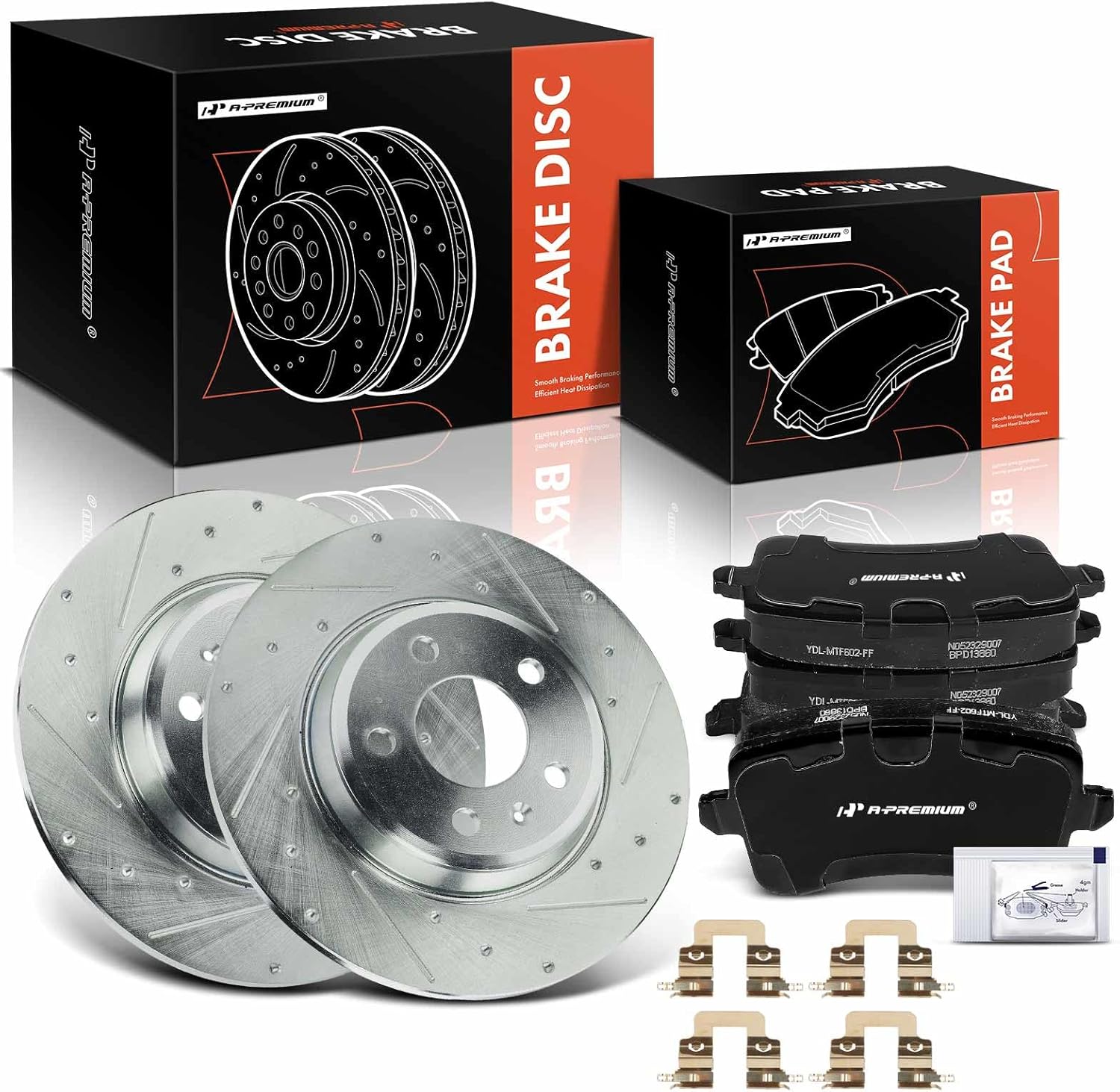 A-Premium 11.81 inch (299.9mm) Rear Drilled and Slotted Disc Brake Rotors + Ceramic Pads Kit Compatible with Select Audi Models - A4, Q5, A5, A4 allroad, A4 Quattro, A5 Quattro, allroad, 6-PC Set
