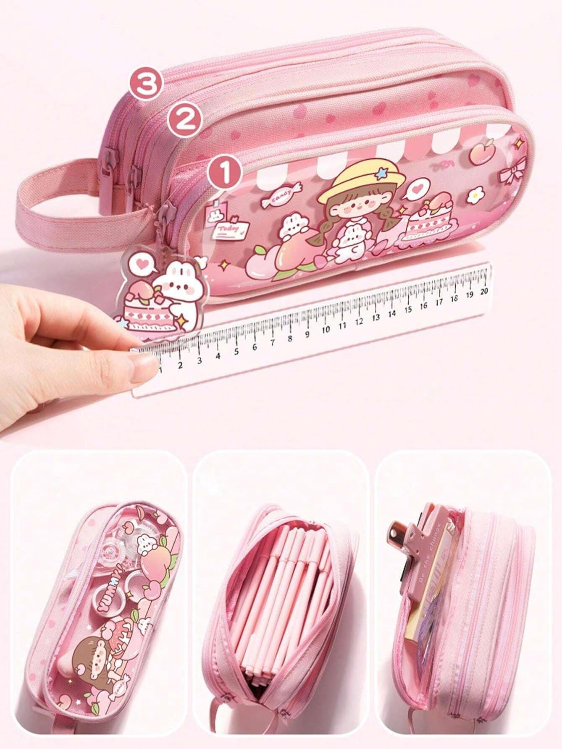 Parshya Canvas Large Capacity Transparent Cartoon Print Pencil Case 3 Compartment Cute Aesthetic for Girls Multifunctional Stationery Organizer for School Office(Keychain Not Included), Multicolor