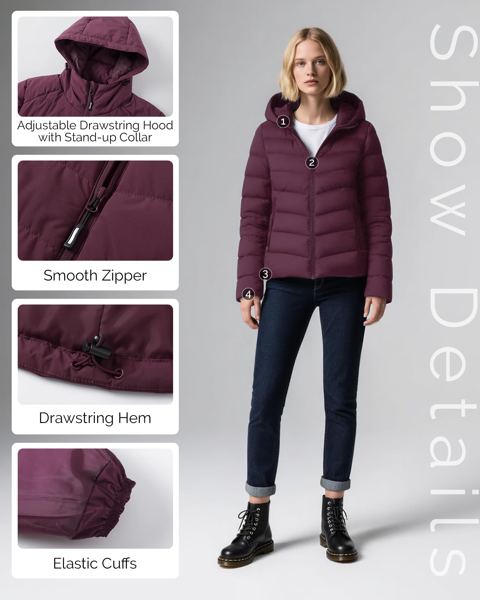 Outdoor Ventures Chaqueta impermeable para mujer, cálida chaqueta de invierno con capucha, ligera, acolchada, para senderismo, camping, viajes