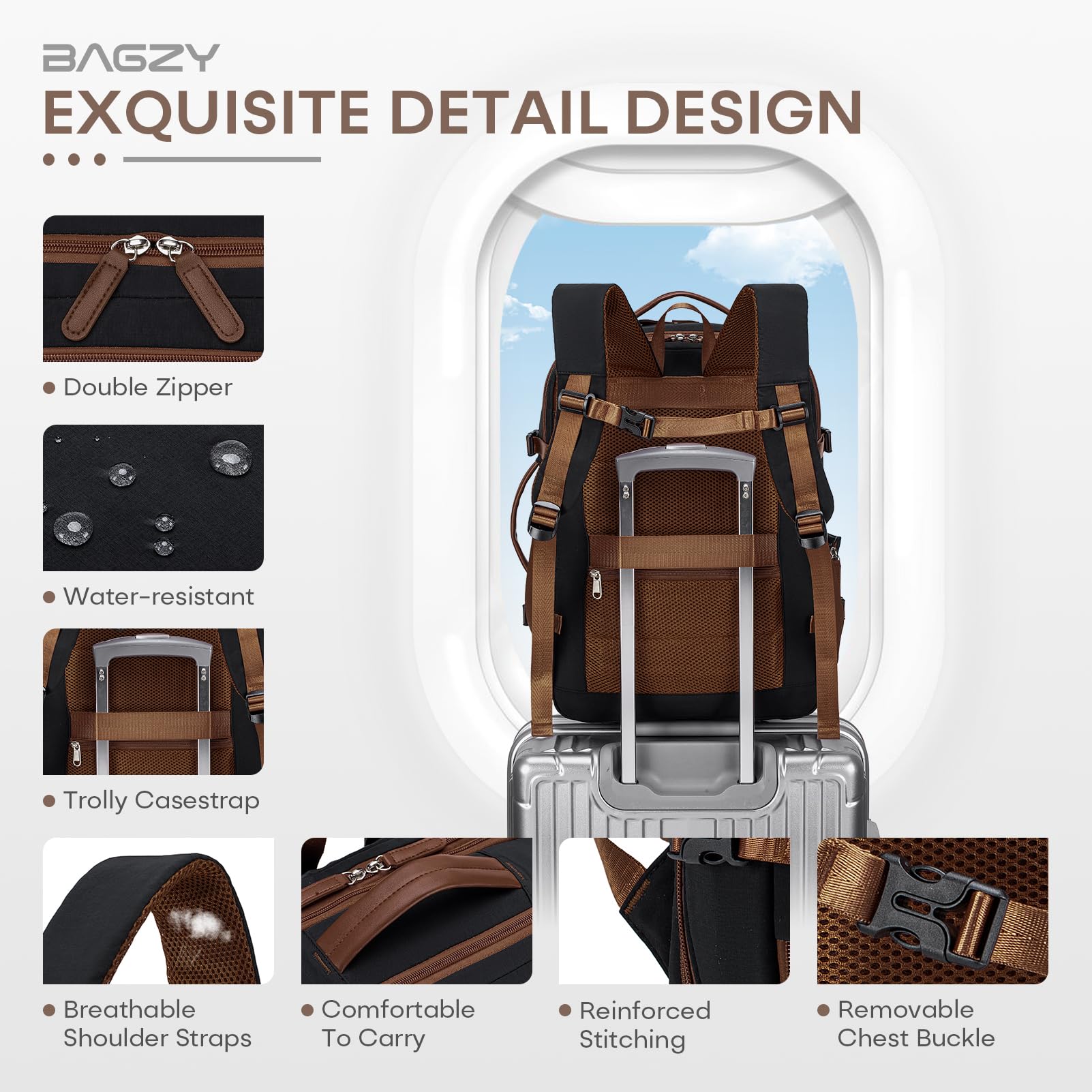 BAGZY Zaino da Cabina 40x30x15 cm Espandibile fino a 40x30x20 cm – Conforme a Ryanair, Wizz Air, British Airways, Air France, porta PC 15.6 Pollici, USB, Impermeabile, Leggero per Lavoro e Viaggi