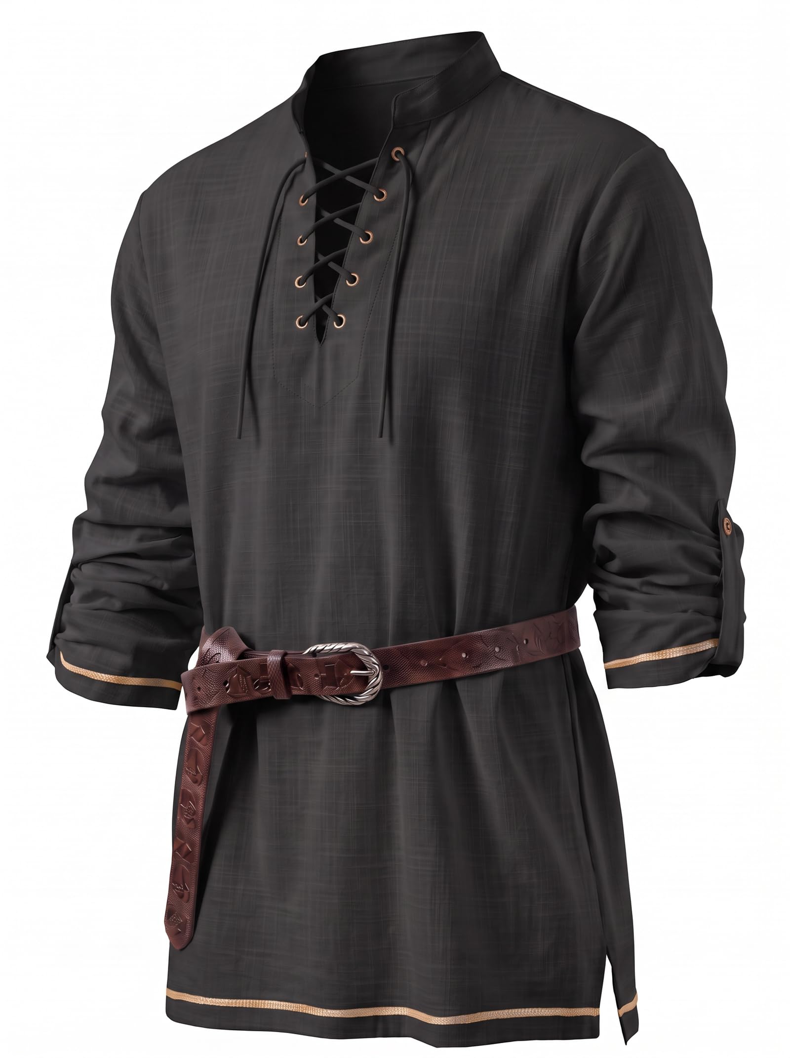 CTU Men's Medieval Pirate Viking Stand Collar Shirt Black M