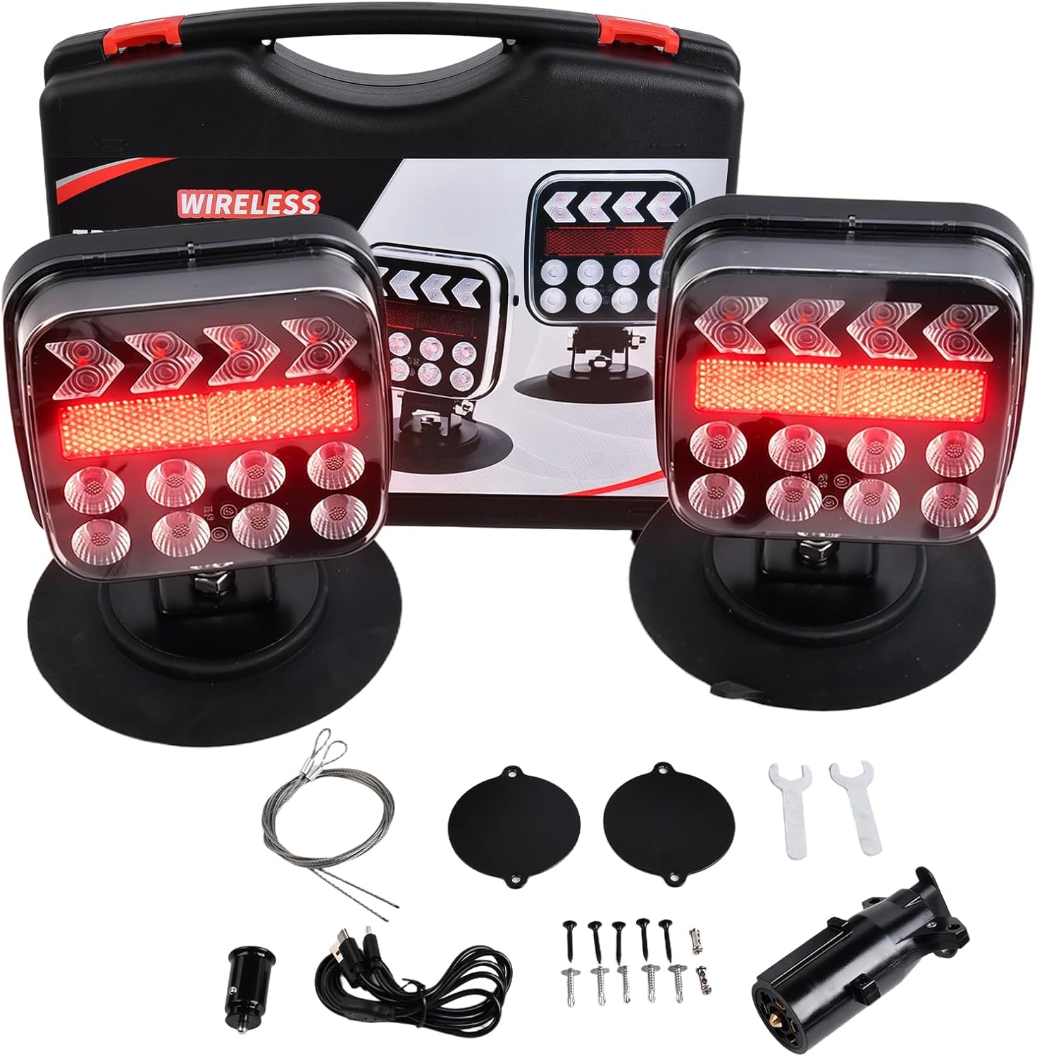 Wireless Trailer Lights Kit with 110° Adjustable Bracket, Magnetic LED Tow Lights, USB-C Rechargeable Tail Lights for Truck Boat RV Camper – Turn Signal Brake Reverse Stop, IP67 Waterproof