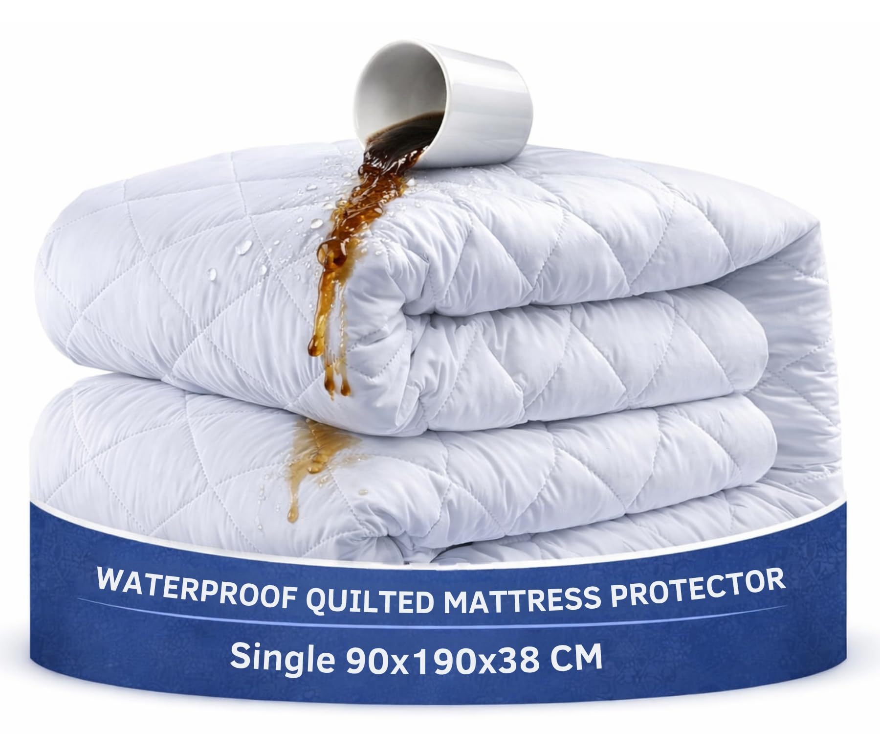 The Pure Thread 100% Waterproof Mattress Protector Single Bed – 34cm Extra Deep Fitted Cover, Noiseless Breathable Quilted Mattress Cover, Hypoallergenic Single Bed Mattress Protector (90×190cm)