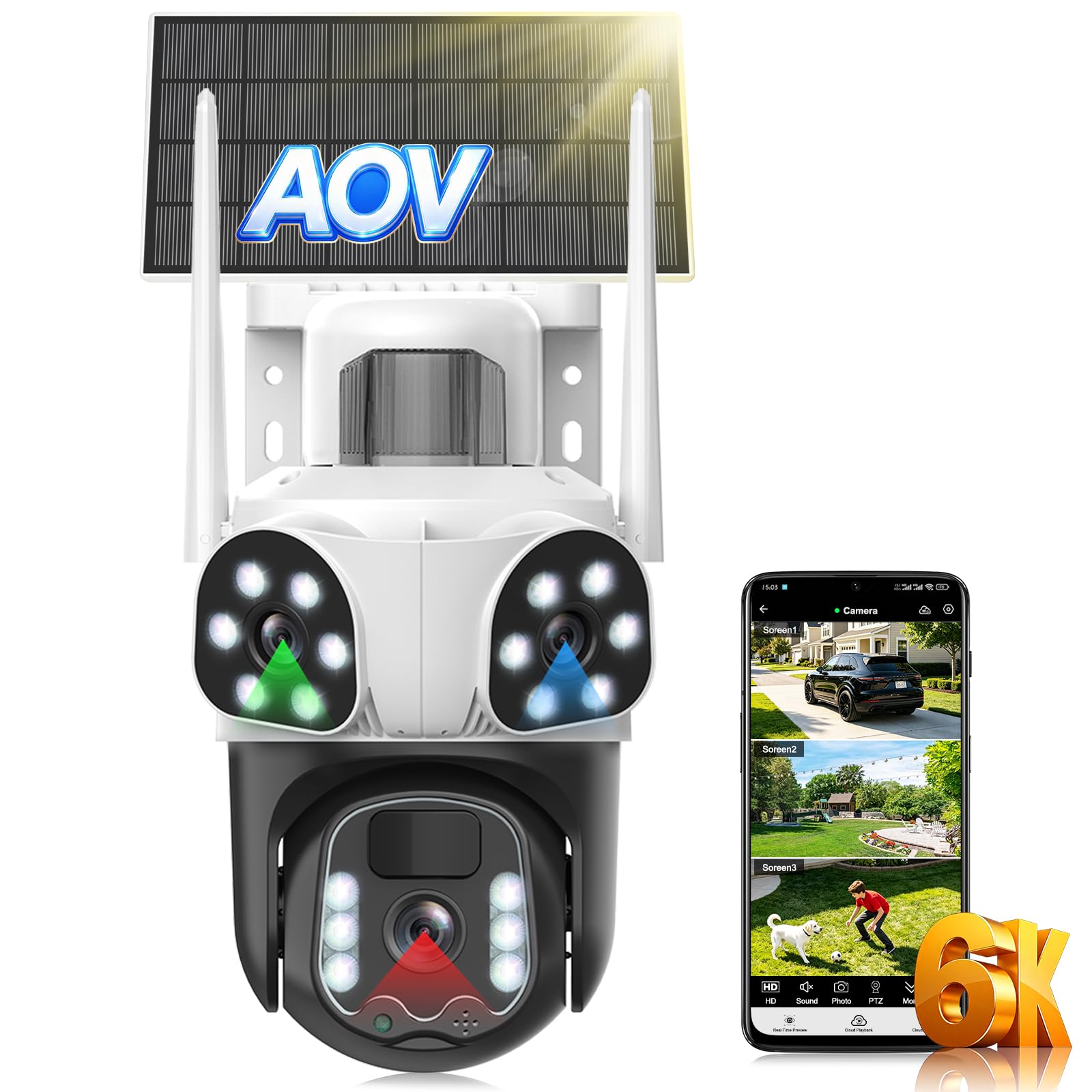 12MP Camera Surveillance WiFi Exterieure sans Fil,AOV 24/7,à triple objectif/Camera Solaire/Batterie,Suivi Automatique,360° PTZ Sécurité,Vision Vocturne,Audio Bidirectionnel,Alarme automatique,étanche