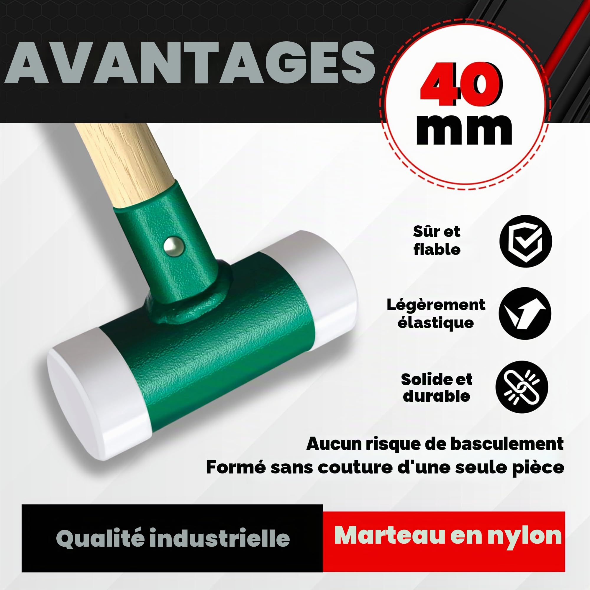 C&T Marteau de protection, maillet souple, diamètre : 40 mm, manche en bois avec tête en nylon interchangeable pour l'entretien et le montage, poignée en bois de 40 mm