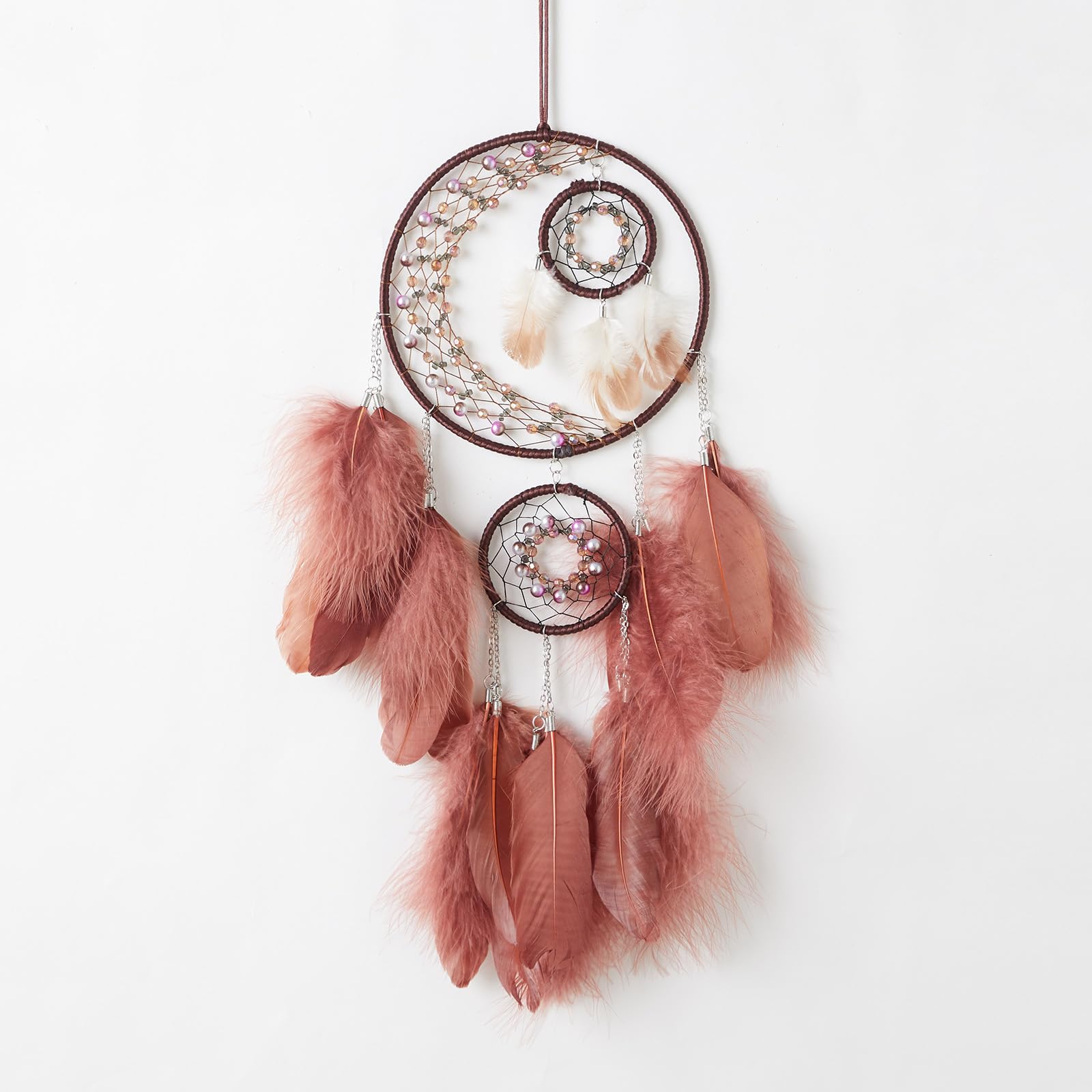 Pretty Jolly Fantasy Moon Dream Catchers Wall Decor Hang with Small Dream Catcher with Colorful Beads Handmade Red-Brown Feather Dreamcatchers Wall Hanging for Girls Bedroom Wedding Gift