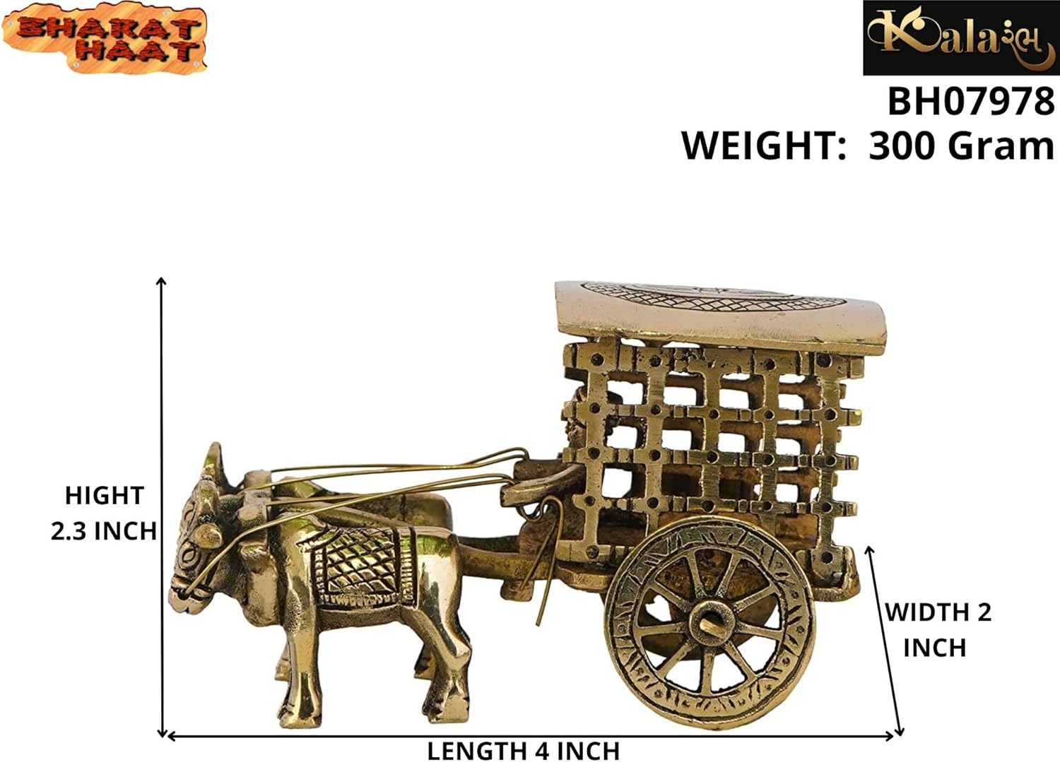 Brass Bullock Cart for Home Office Tabletop Decorative Collectible Handicraft Art - Yellow, 4 x 2 x 2.3 Inch (L x W x H)