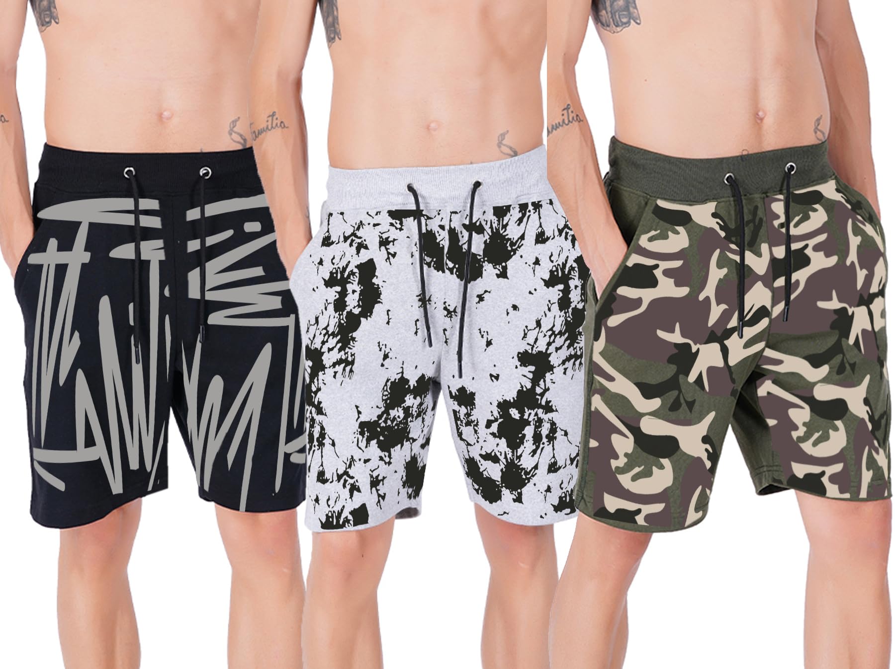 hotfits Men's Printed Casual Cotton Regular Shorts, Workout Shorts, Elastic Waist Running Shorts with Pockets Pack of 3