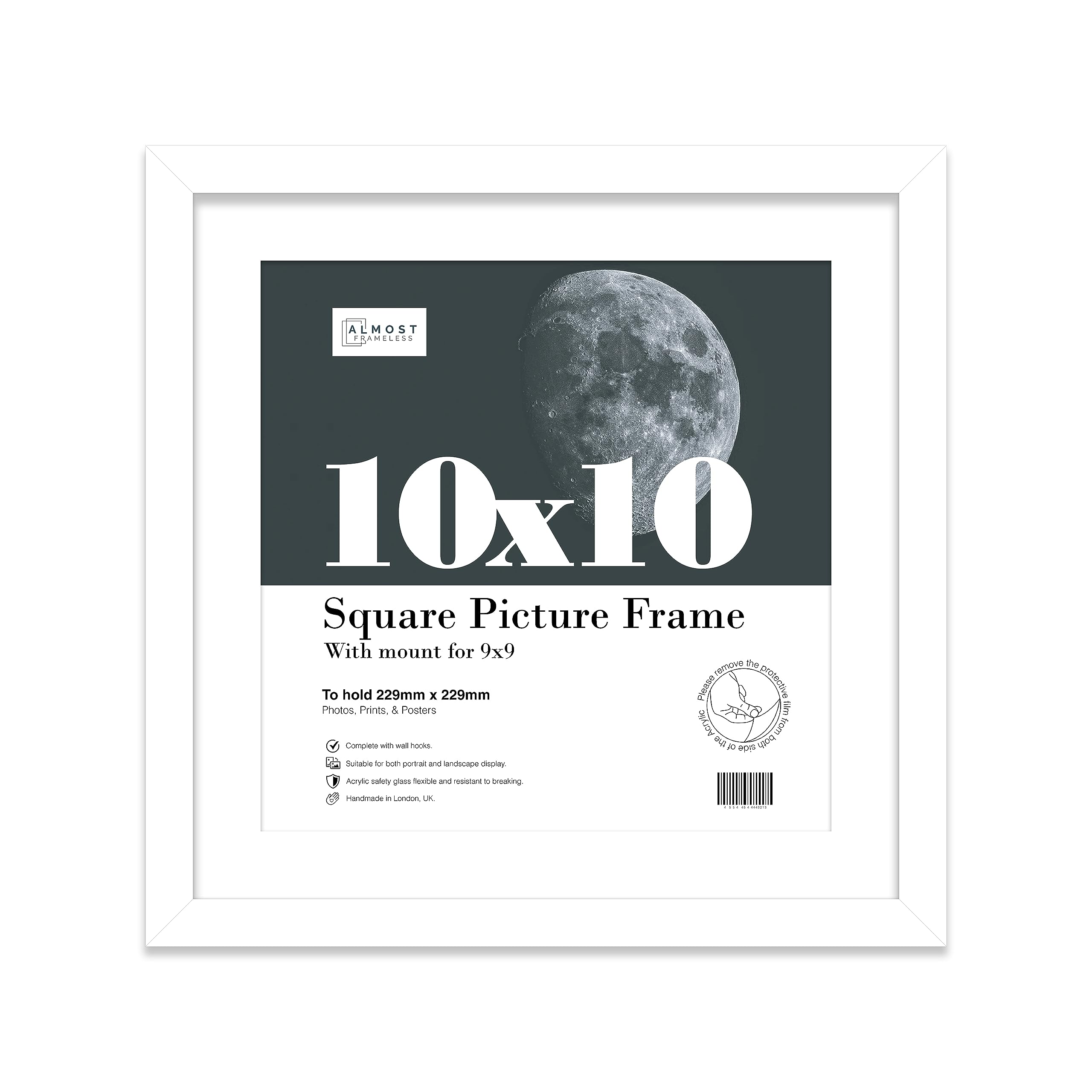 Almost Frameless 10x10 Picture Frame, Display Pictures 9x9 With Mat or 10x10 Without Mat, Wall Hanging & Free Standing Photo Frame, White, 1 Pack