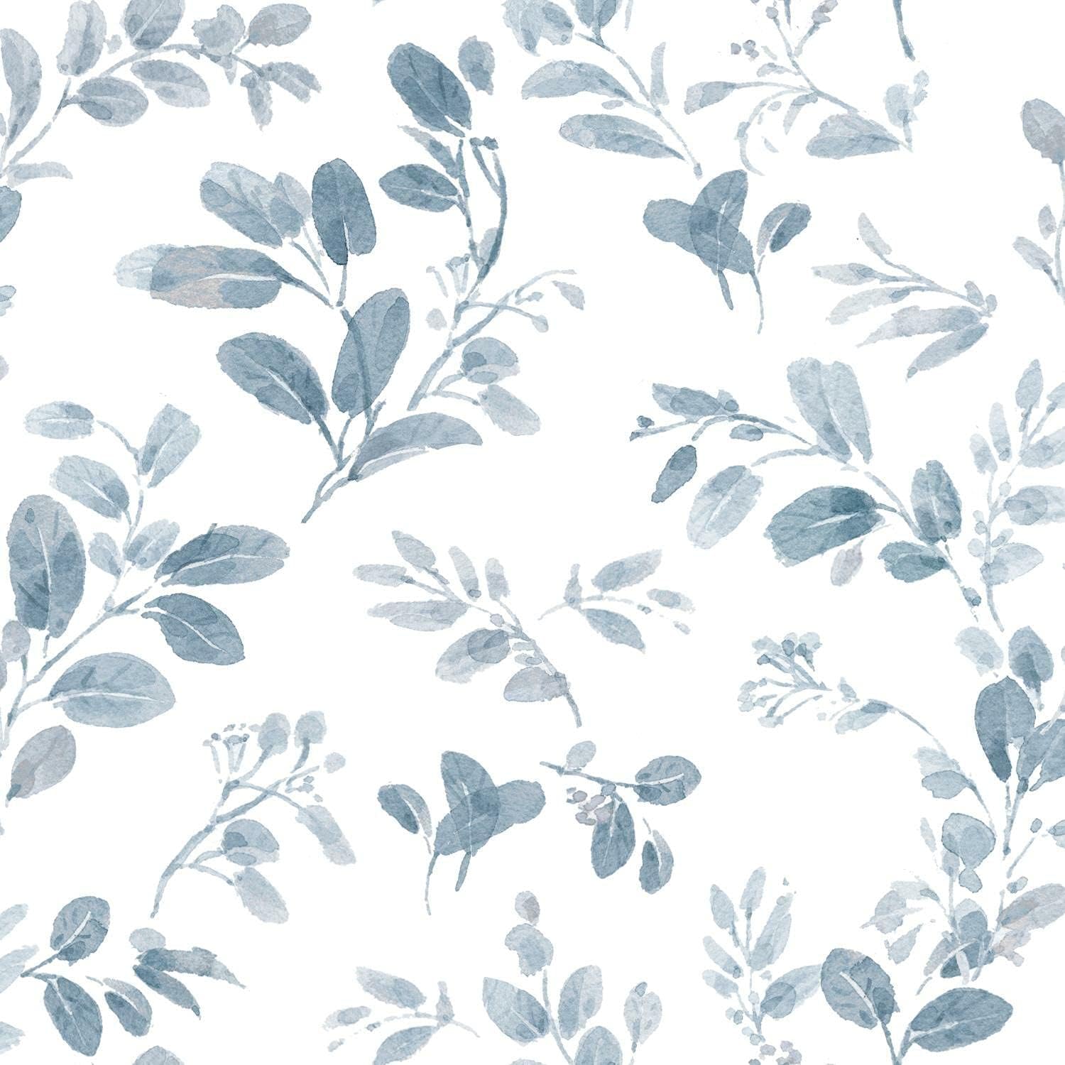 RoomMates RMK12051RL Blue and White Dancing Leaves Peel and Stick Wallpaper