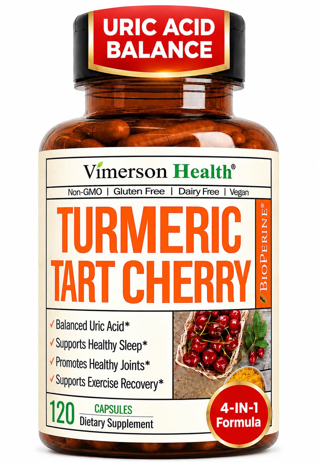 Tart Cherry Capsules with Turmeric 600mg for Uric Acid & Joint Health 120Ct 120 Count (Pack of 1)