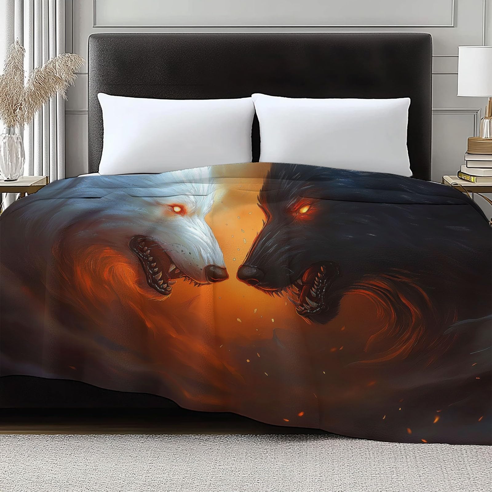 Przytulny koc flanelowy, puszysty, 150 x 200 cm, fantazyjny, zwierzęcy wilk, koc do mieszkania i jako narzuta na sofę, miękki koc polarowy z mikrofibry, jako narzuta na kanapę, pomarańczowy kolor