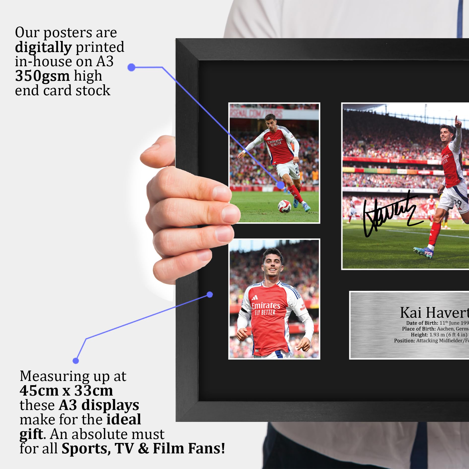 HWC Trading Kai Havertz Arsenal Gedruckte Memorabilien Signiertes Autogramm Fotodisplay für Fußball Anhänger und Fans - A3 Gerahmt