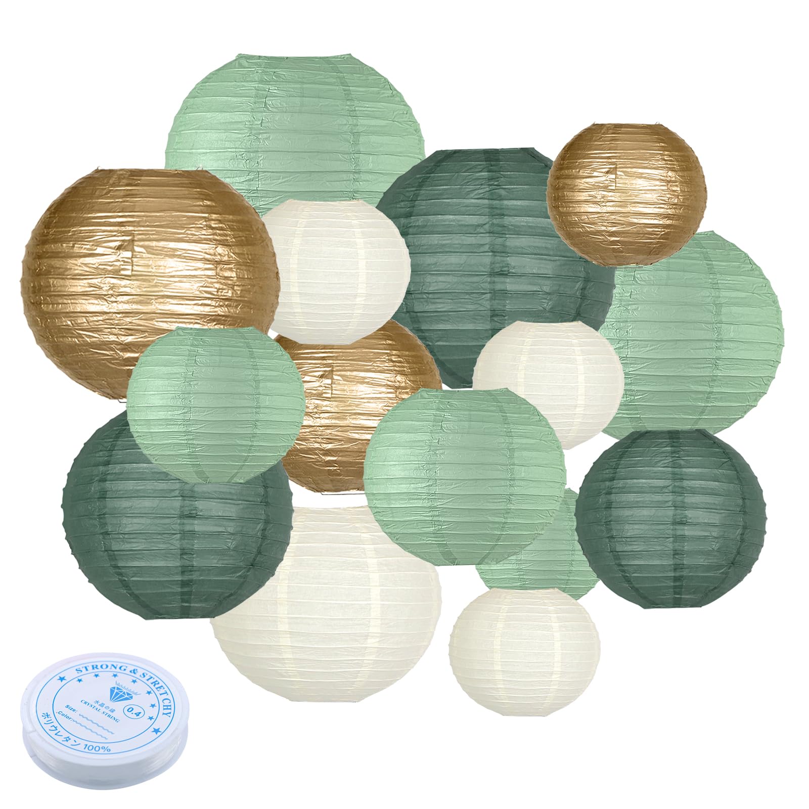 Paper Lanterns Decorative, Round Paper Lanterns Decorations Sage Green/Forest Green/Gold/White for Rustic Party Birthday Party Bachelorette Engagement Wedding Baby Shower 15pcs