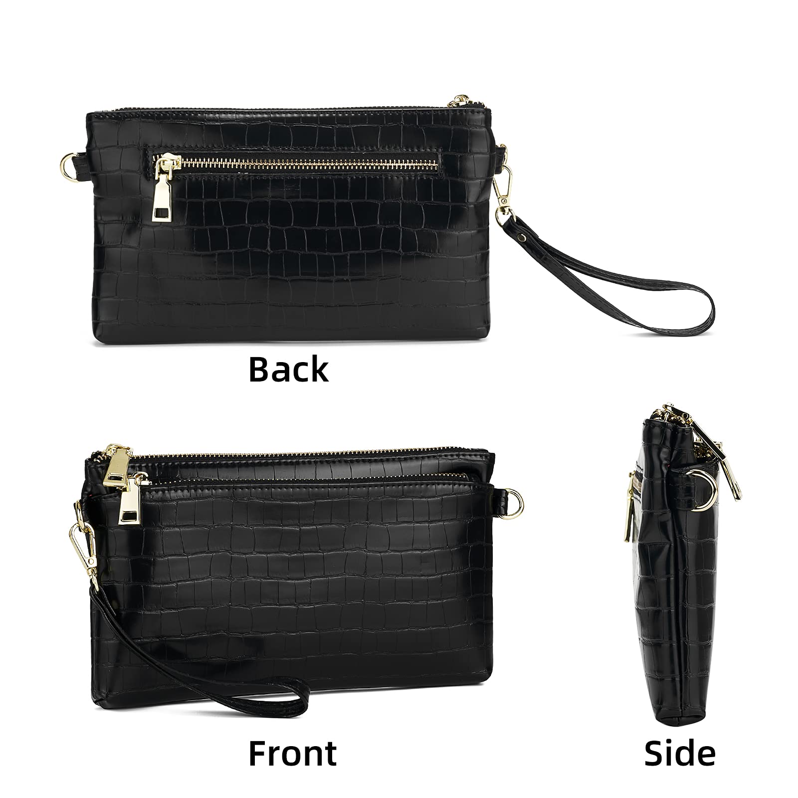 ZOOEASS Triple Zip Small Crossbody Bag Lightweight Purses Vegan Leather Wristlet Clutch, Includes Adjustable Shoulder | Triple Zip, Small, Lightweight, Vegan Leather: Crocodile Blcak