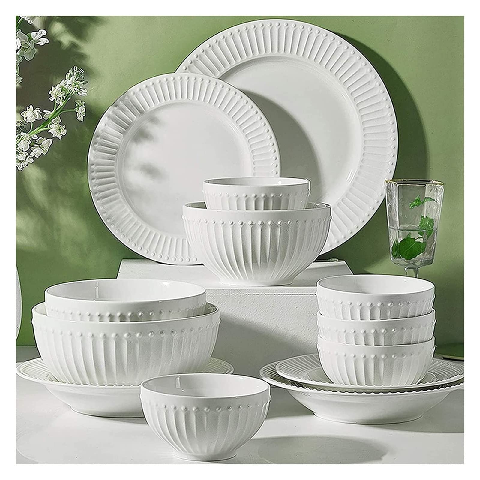 GRDDBZA Dinnerware Set Dinner Party Tableware Service Set Ceramics Dinner Sets, 56 Pieces Relief Stripe Cereal Bowl and Steak Plate Set | Pure White Porcelain Dinnerware Set for Family Gathering
