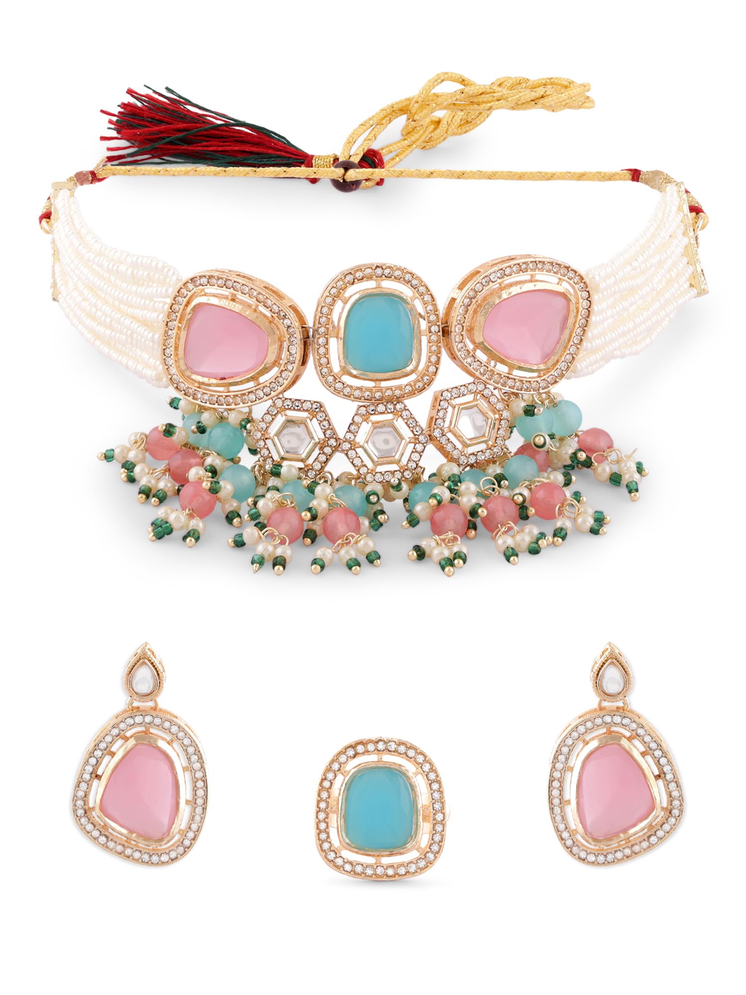 ZAVERI PEARLS Pink Turquoise Blue Stones & Cluster Beads Multistrand Choker Necklace Earring & Ring Set For Women-ZPFK17285 (B0CTF63WNZ) Amazon Price History, Amazon Price Tracker