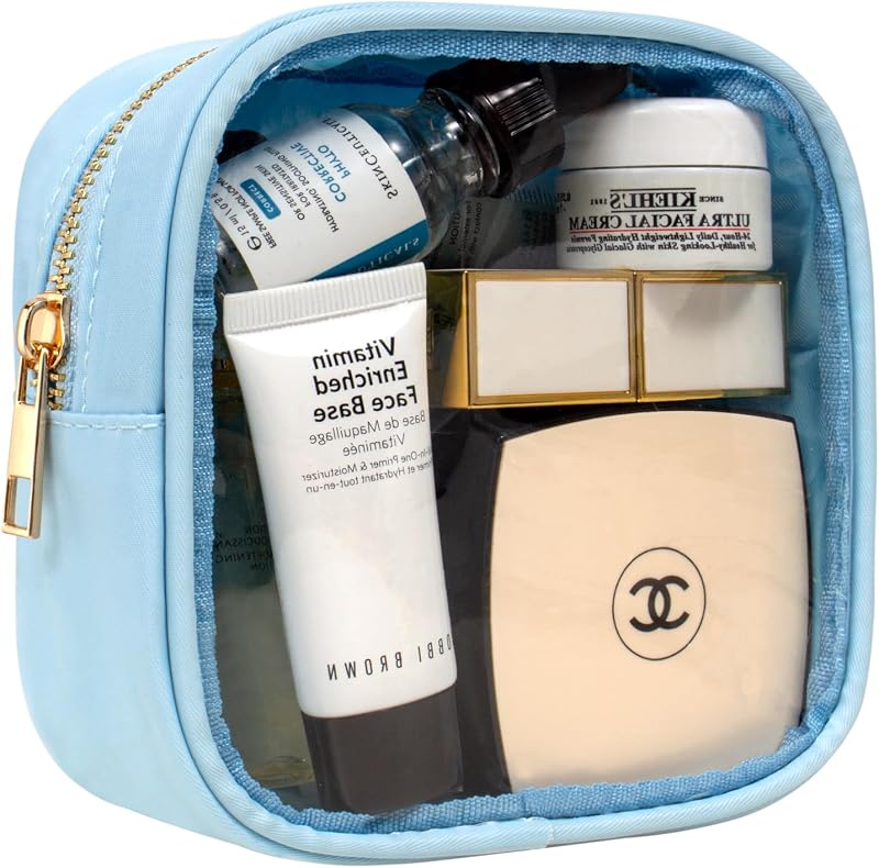 Necessaire transparente azul LETGO com zíper, tamanho compacto