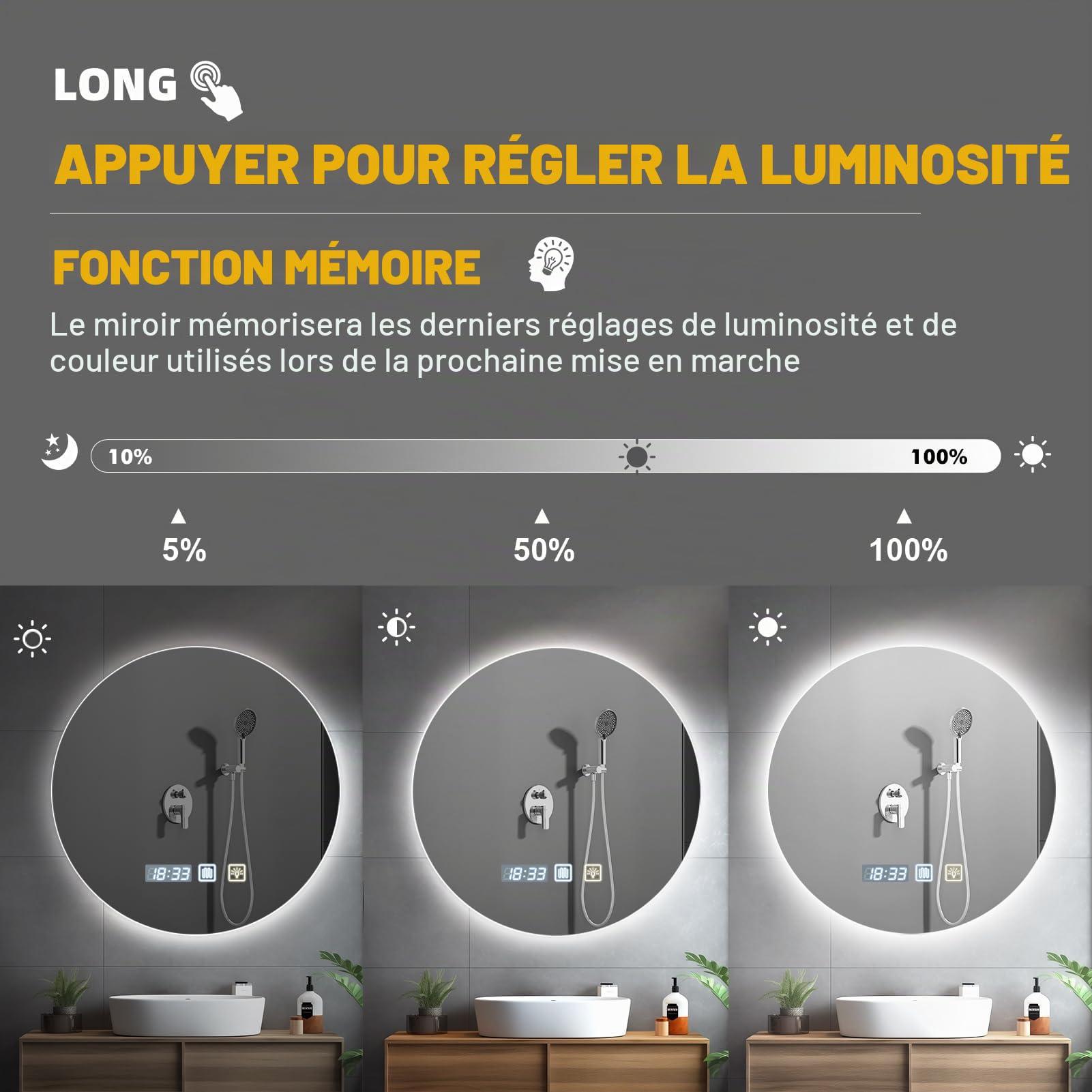 Miroir de Salle de Bain avec Éclairage 60 x 60 cm, Miroir LED Circulaire avec Anti-Buée, Dimmable, 3 Températures de Couleur, Réglage de L'heure, Fonction Mémoire, Capteur Tactile