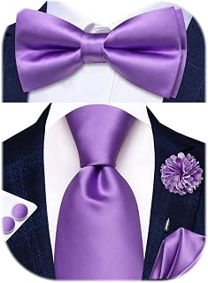 Hi-Tie 5-Piece Men's Solid Color Silk Tie Set: Pre-Tied Bowtie, Handkerchief, Cufflinks, Lapel Pin in Gift Box