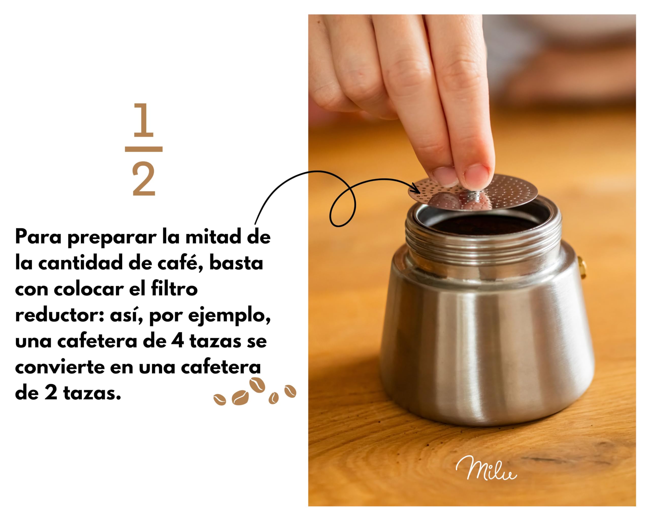 Milu Cafetera Italiana (2 Tazas sin inducción) 2 4 6 9 Tazas Cafetera Moka de Acero Inox Expresso Maker - Set comprensivo di sottobicchiere, cucchiaio, spazzola (Asa: Aspecto madera, 4 tazas (200ml))