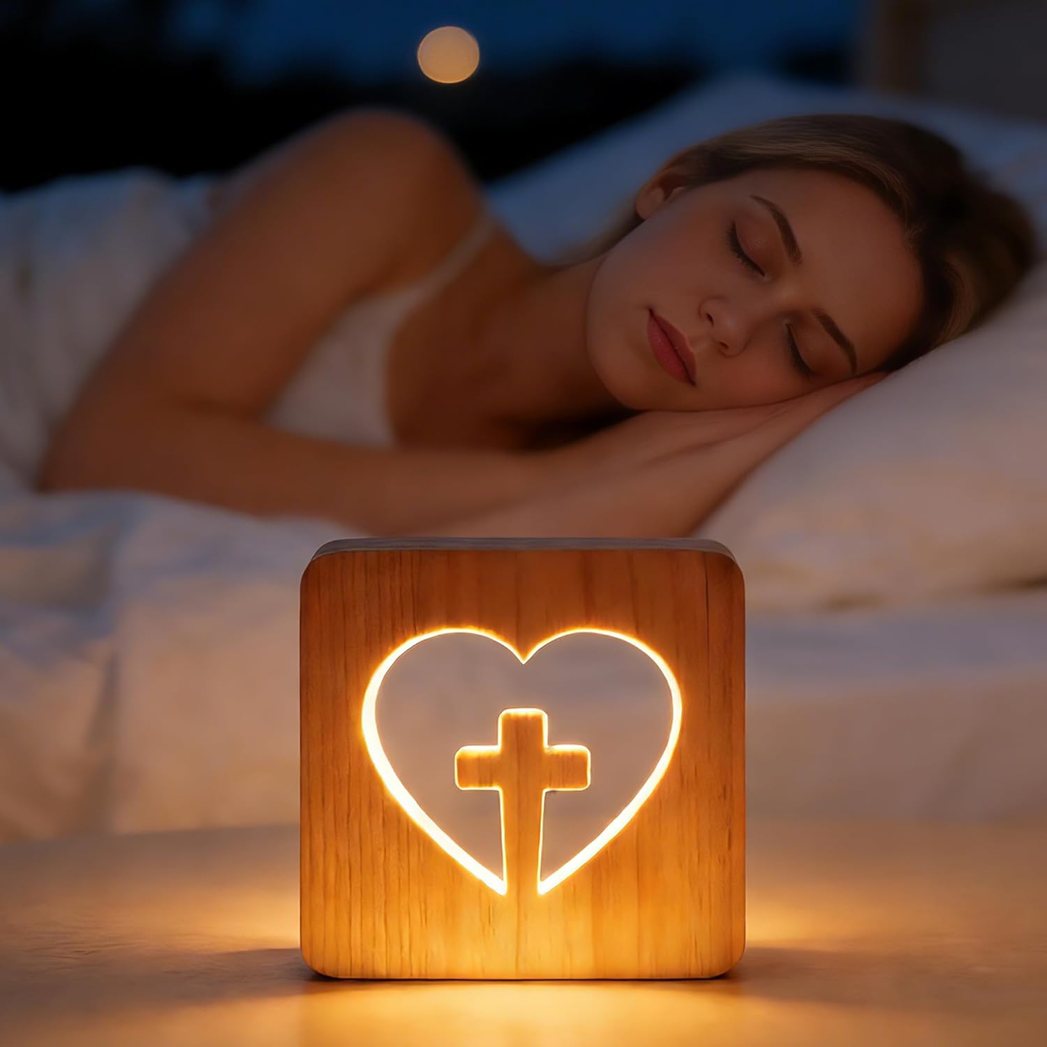 WLHONG Easter Decor Cross Night Light, Jesus 3D Wood Bedside Lamp, Heart Shaped LED Small Lights, Christian Gifts for Women, Unique Home Pray Room Decor Creative Lighting