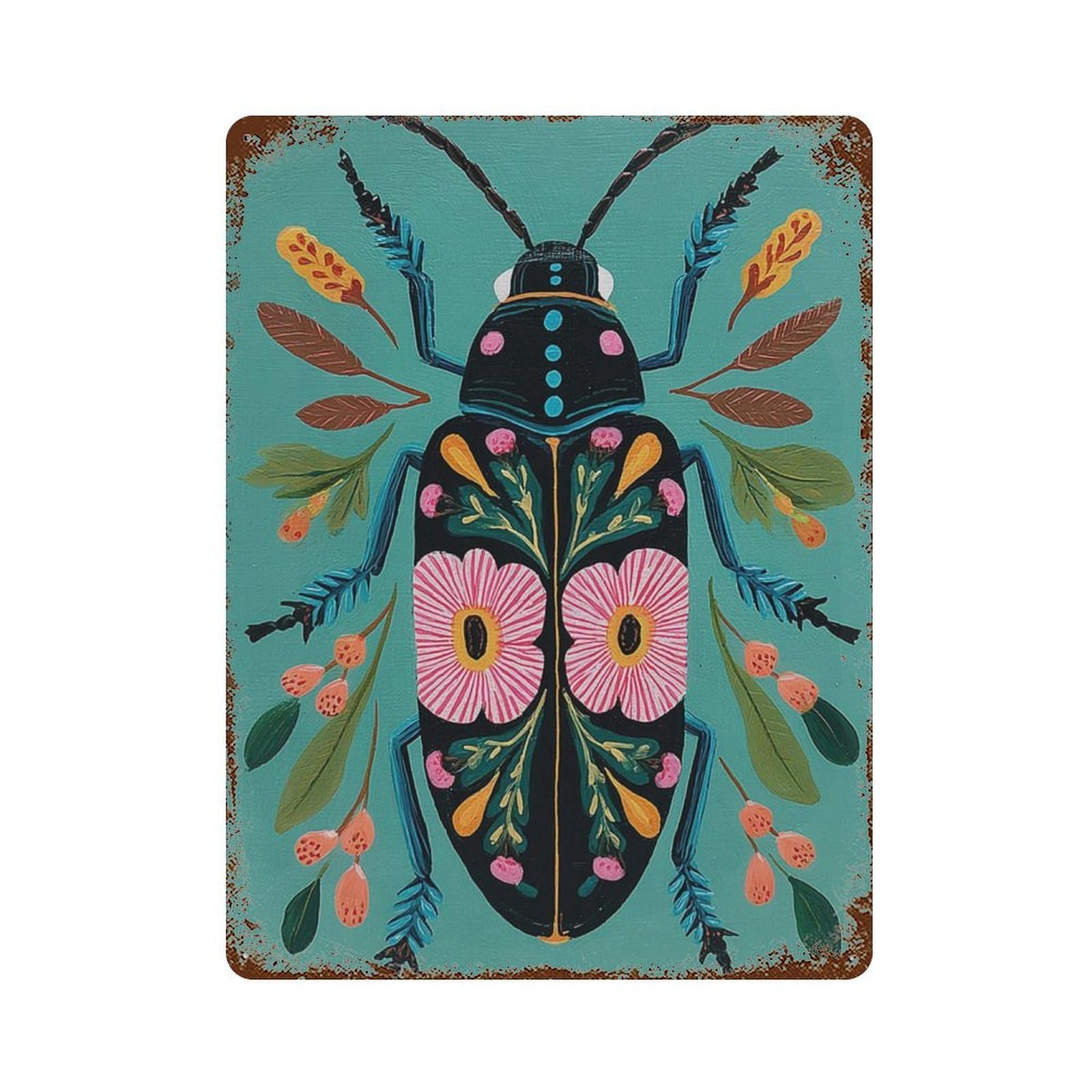 xiaoxiaoshen Floral Beetle Folk Insect Colorful Bug Botanical Whimsical Nature Modern Boho Wall Decor Art Metal Tin Poster Modern Home Decor Art Home Bar Shop Decorations Vintage Sign 40x30cm
