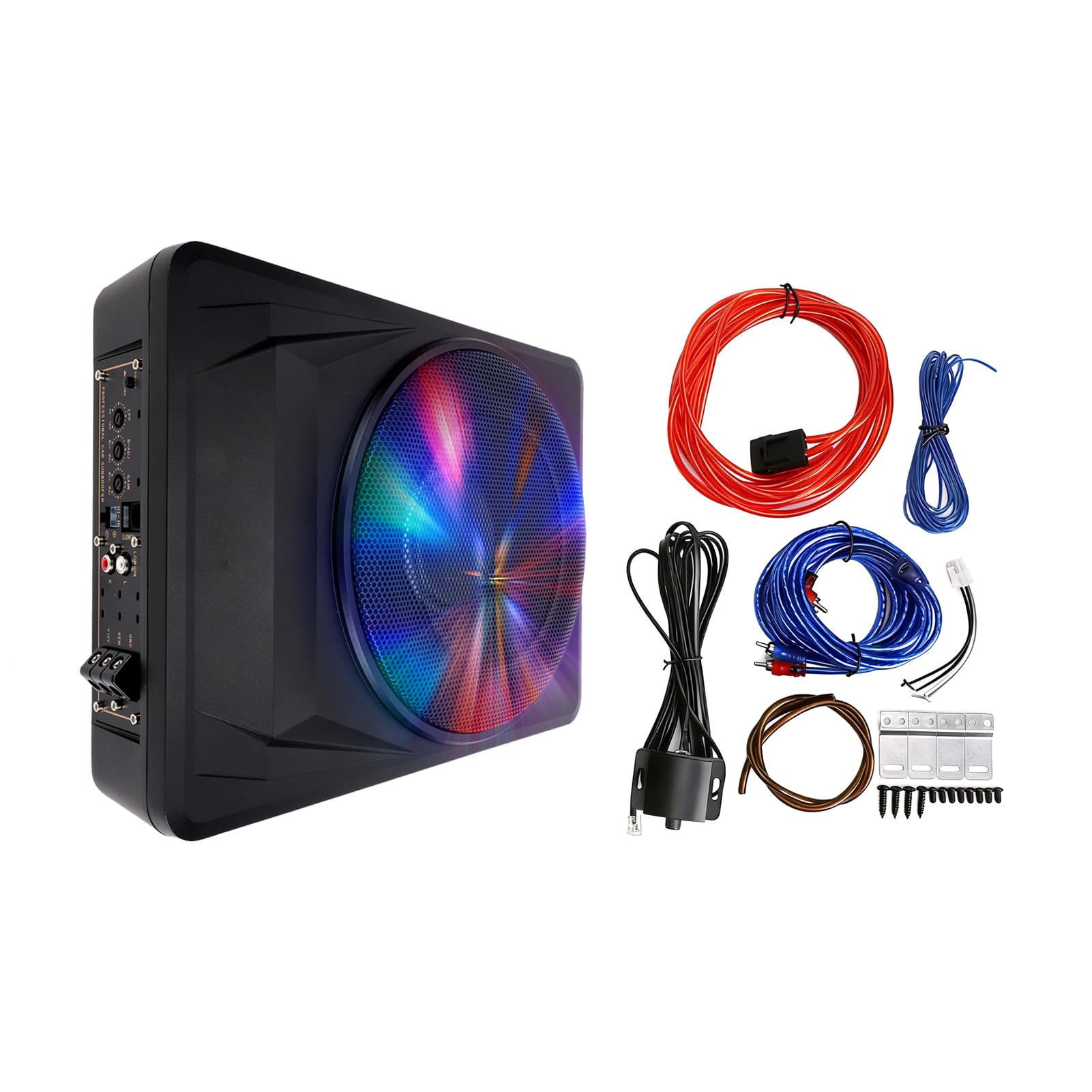 Qqmora Subwoofer Sottile per Auto da 10 Pollici Subwoofer Alimentato Attivo Sotto il Sedile 1200 W di Picco Amplificatore Integrato Custodia in Lega di Alluminio con Kit di