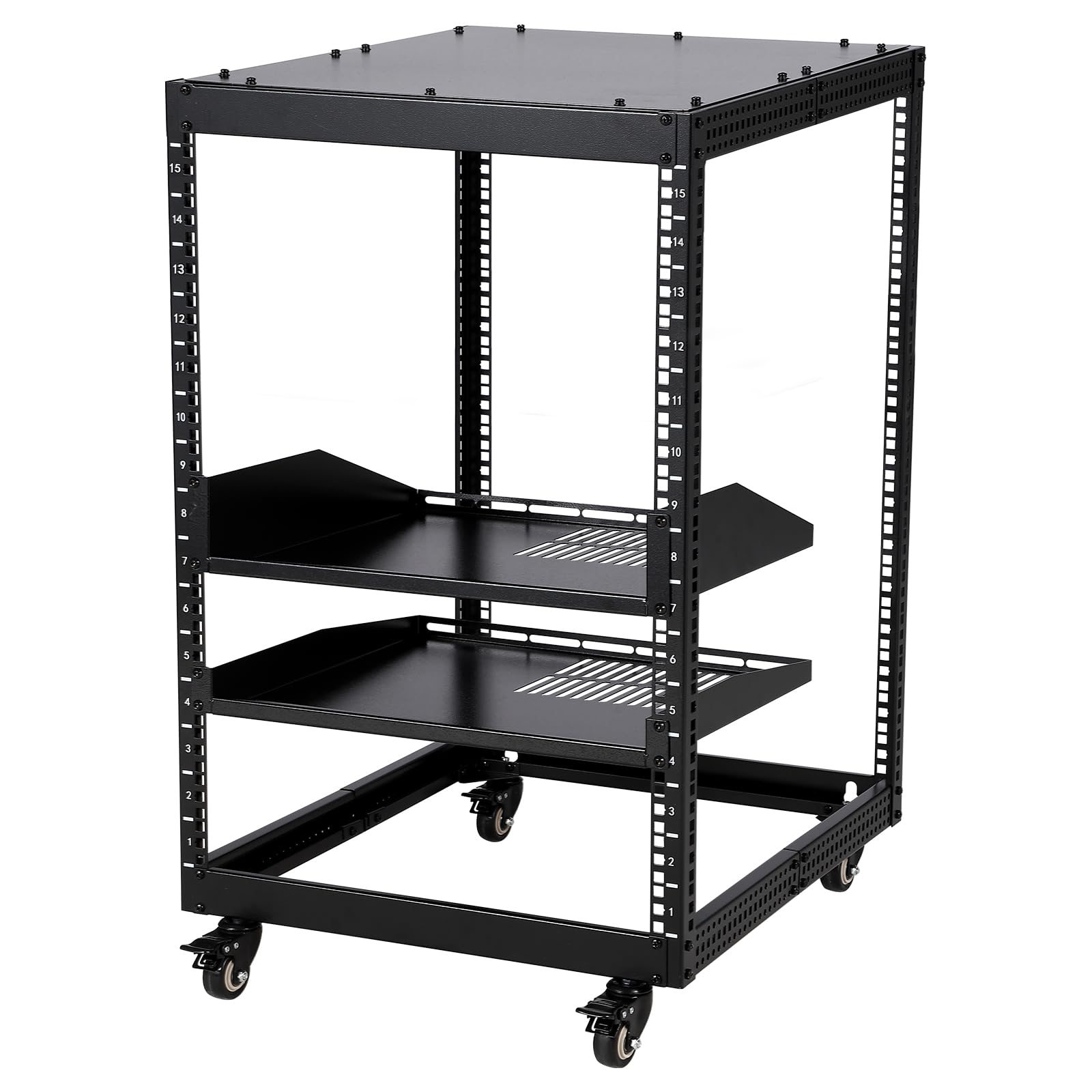 Rack De Servidor De Marco Abierto con Profundidad Ajustable - 10U - Gabinete Versátil para Conmutadores De Red - De Pie o para Montaje En Pared - Ruedas Bloqueables y 2 Estantes Ventilados De 1U
