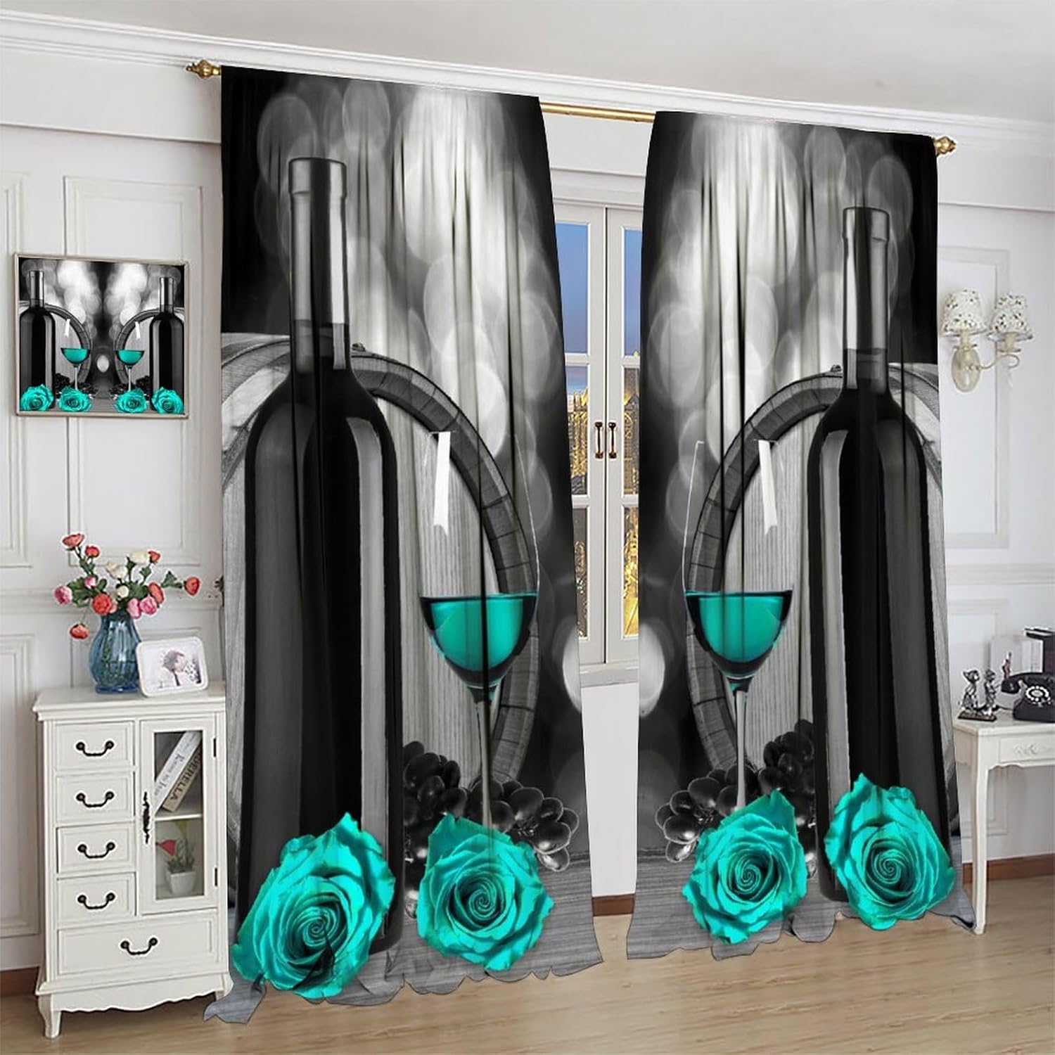 Wine Blackout Curtains for Kitchen,Romantic Ambiance Mist Wine Cellar Wooden Barrel Cyan Wine Glass Rose Flower Art Window Drapes Print for Boys Girls Bedroom Living Room 42x45in, Style-5