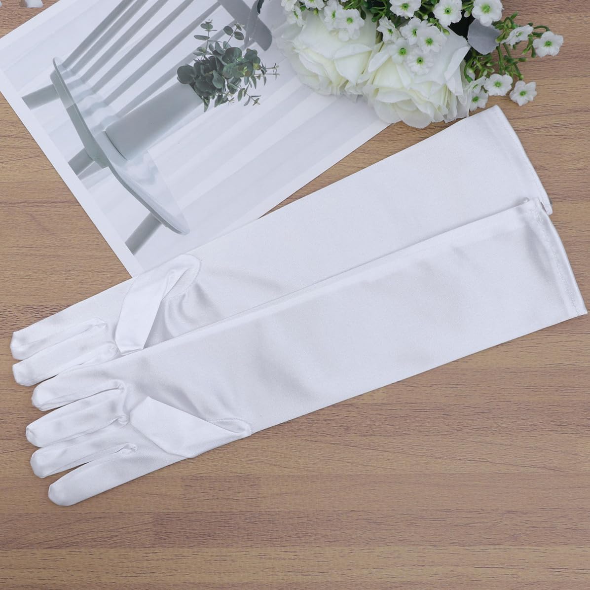 Mobestech Flower Girl Long Dress Gloves Size L Satin Pearl Decor White image 4