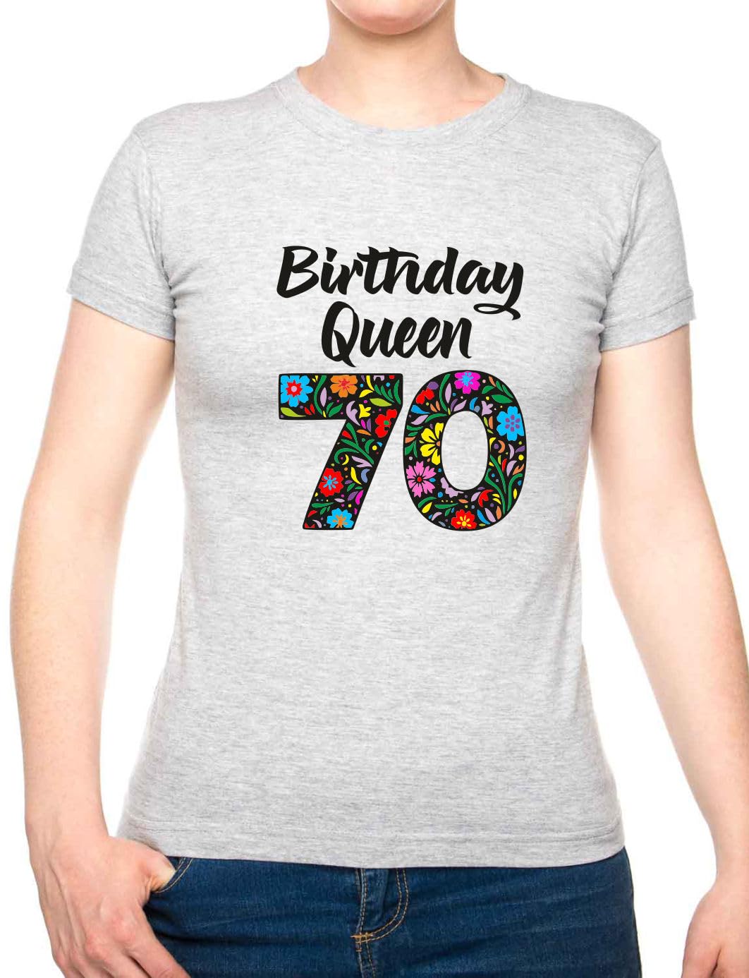 Print4u Men's Grey Birthday Queen 70 Ladies T-Shirt Gift For 70Th Birthday 70 Year Old Large Black Text