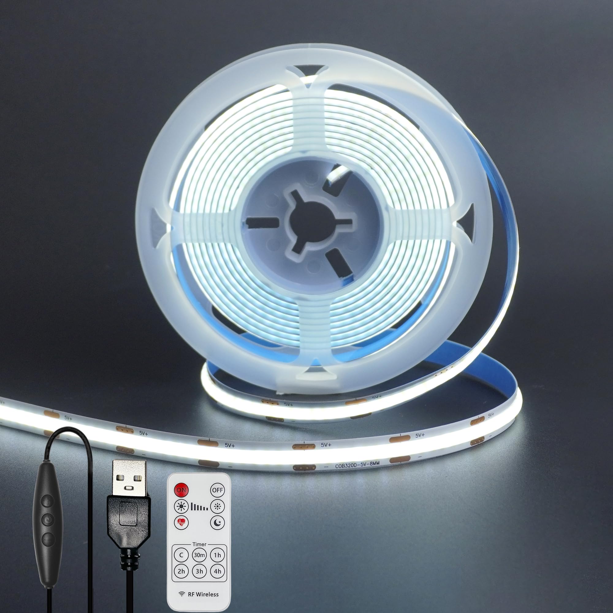Clearhill Cool White-6500K 5V 8Mm Width Usb Cob Led Strip Lights With Remote Dimmable Switch,Cool White 6500K,320Leds/M,8W/M,Cri90,6.56Ft/2M,Electroplated Double-Sided Panel Light Strip,Waterproof Ip20,For Indoor