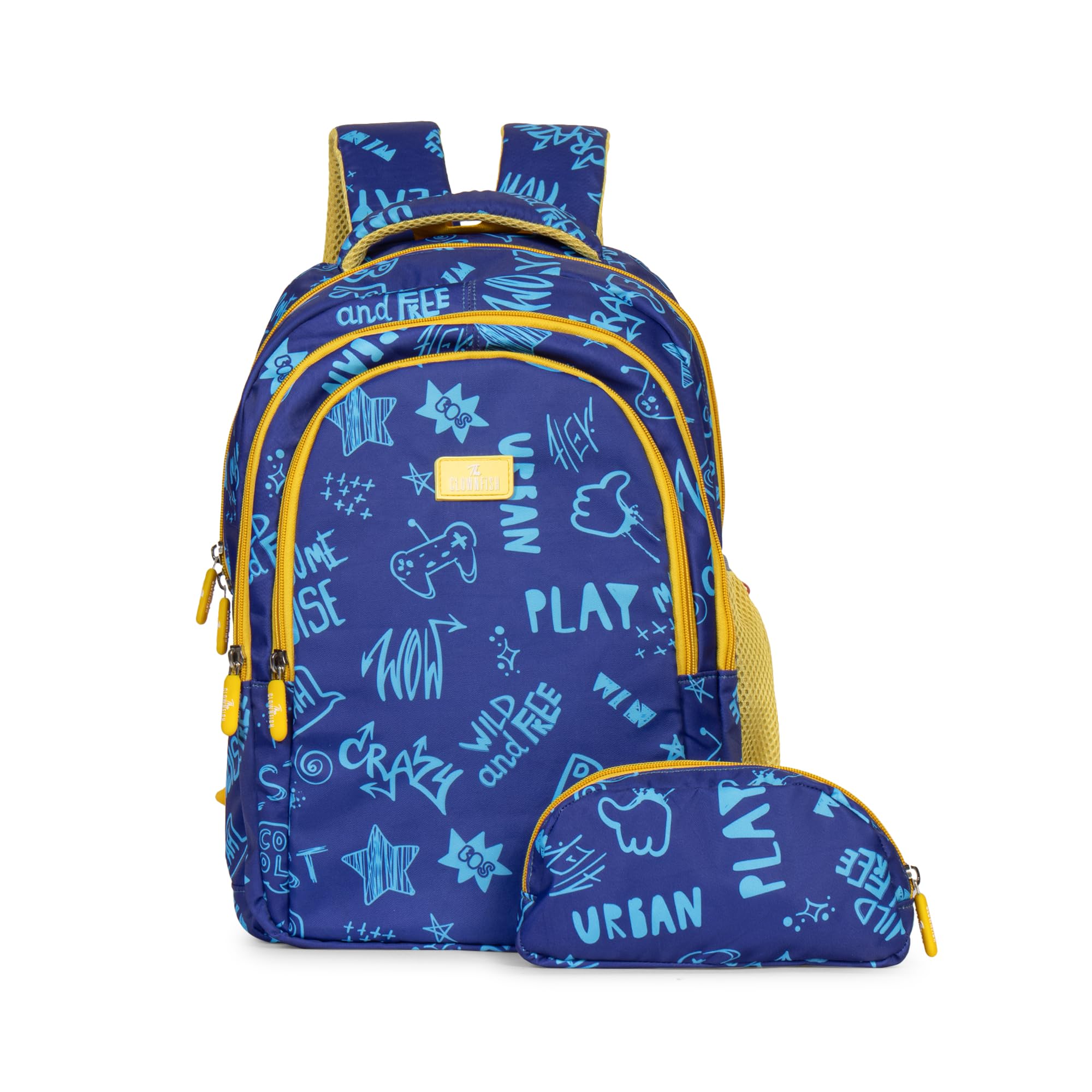 THE CLOWNFISH Scholastic Series Printed Polyester 30 L School Backpack with Pencil/Stationery Pouch School Bag Daypack Picnic Bag For School Going Boys & Girls Age 8-10 years (Blue - Yellow)