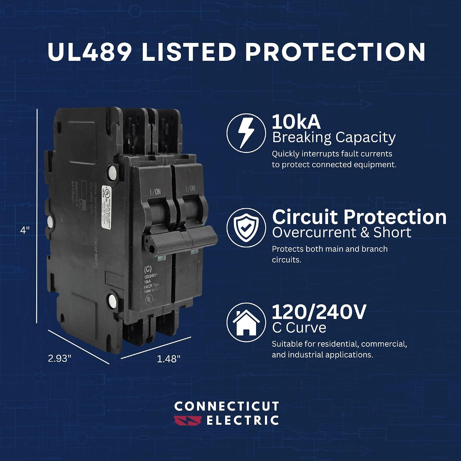 Connecticut Electric 20 Amp AC Miniature Circuit Breaker 2-Pole 120/240V, DIN Rail Mount (35mm) or Surface Mount, C Curve Thermal Magnetic, UL 489 Listed MCB