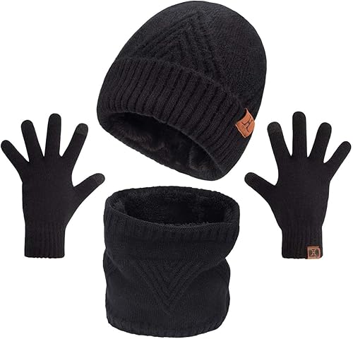 MAYLISACC Conjunto de 3 piezas en 1 para hombre, gorro de punto grueso y cálido, bufanda larga y guantes de conducción para pantalla táctil