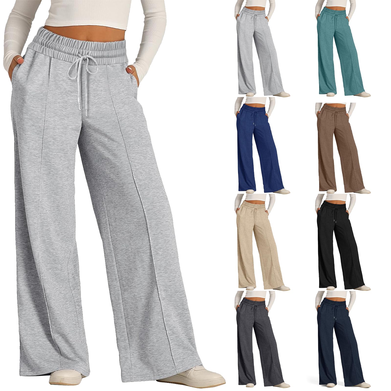 Generic Women's Wide Leg Sweatpants, Light Gray, Size M, High Waisted, Drawstring, Solid, Polyester, Machine Wash, Long Length