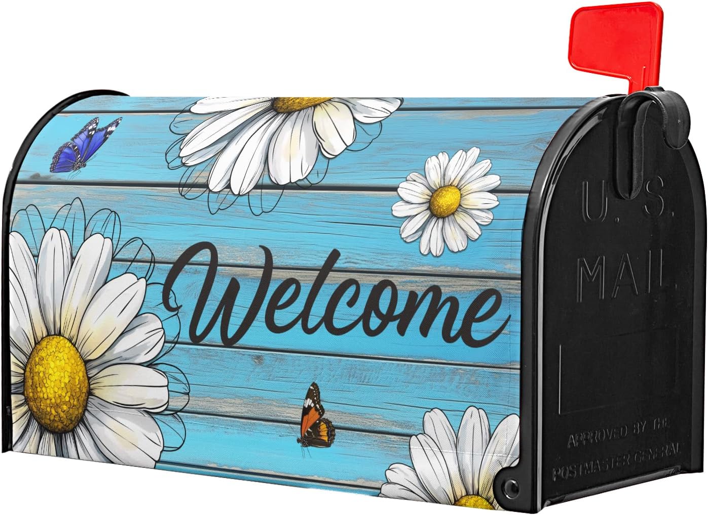 Spring Summer Daisy Mailbox Covers Magnetic Standard Size 18"x21" Vintage Floral Spring Mailbox Cover Rustic Blue Old Wood Board Mailbox Wraps Post Letter Box Covers for Home Garden Yard Outdoor